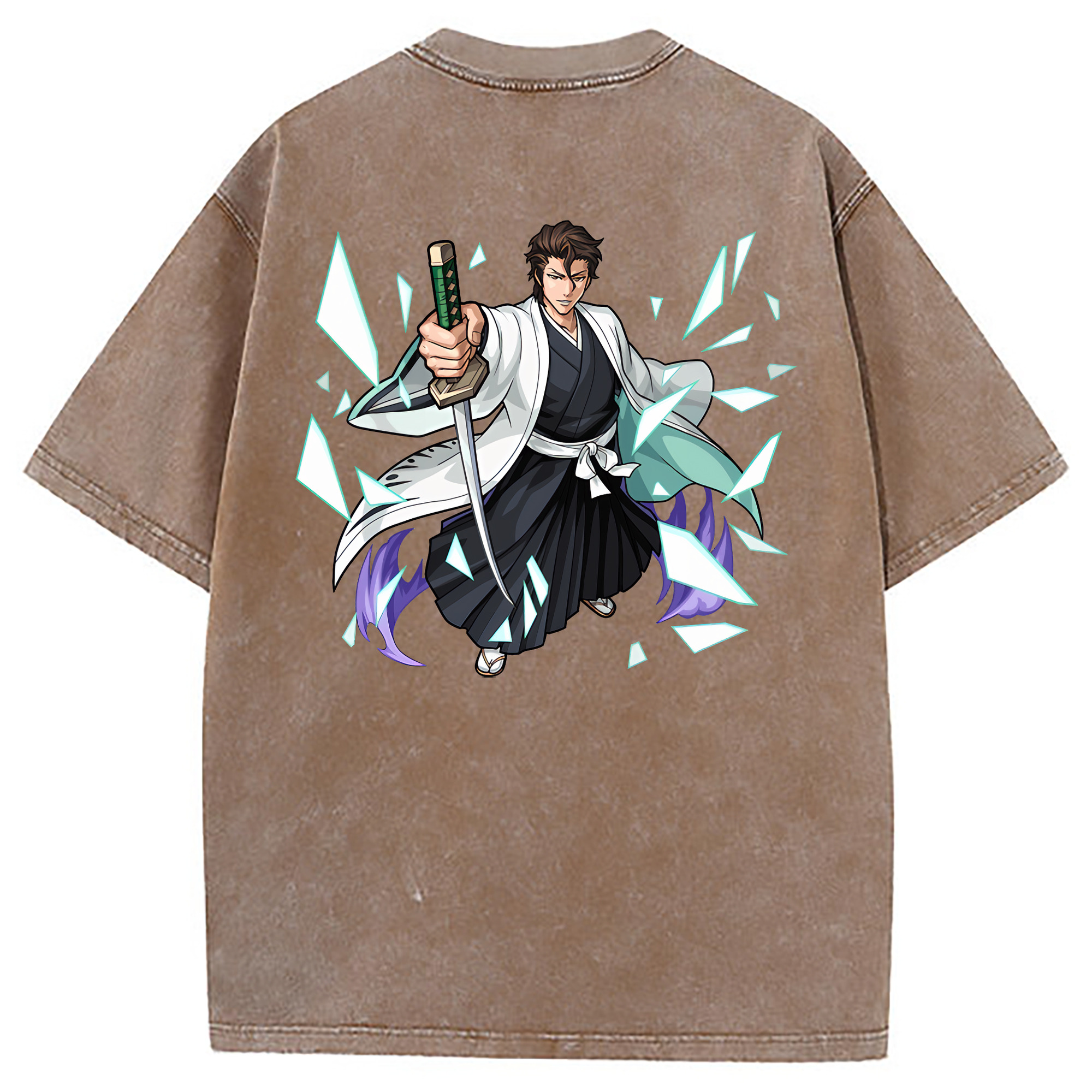（画像用） ブリーチ 藍染 惣右介（あいぜん そうすけ） BLEACH Aizen Sousuke 綿100% ヴィンテージ風 半袖Tシャツ（背面プリント）