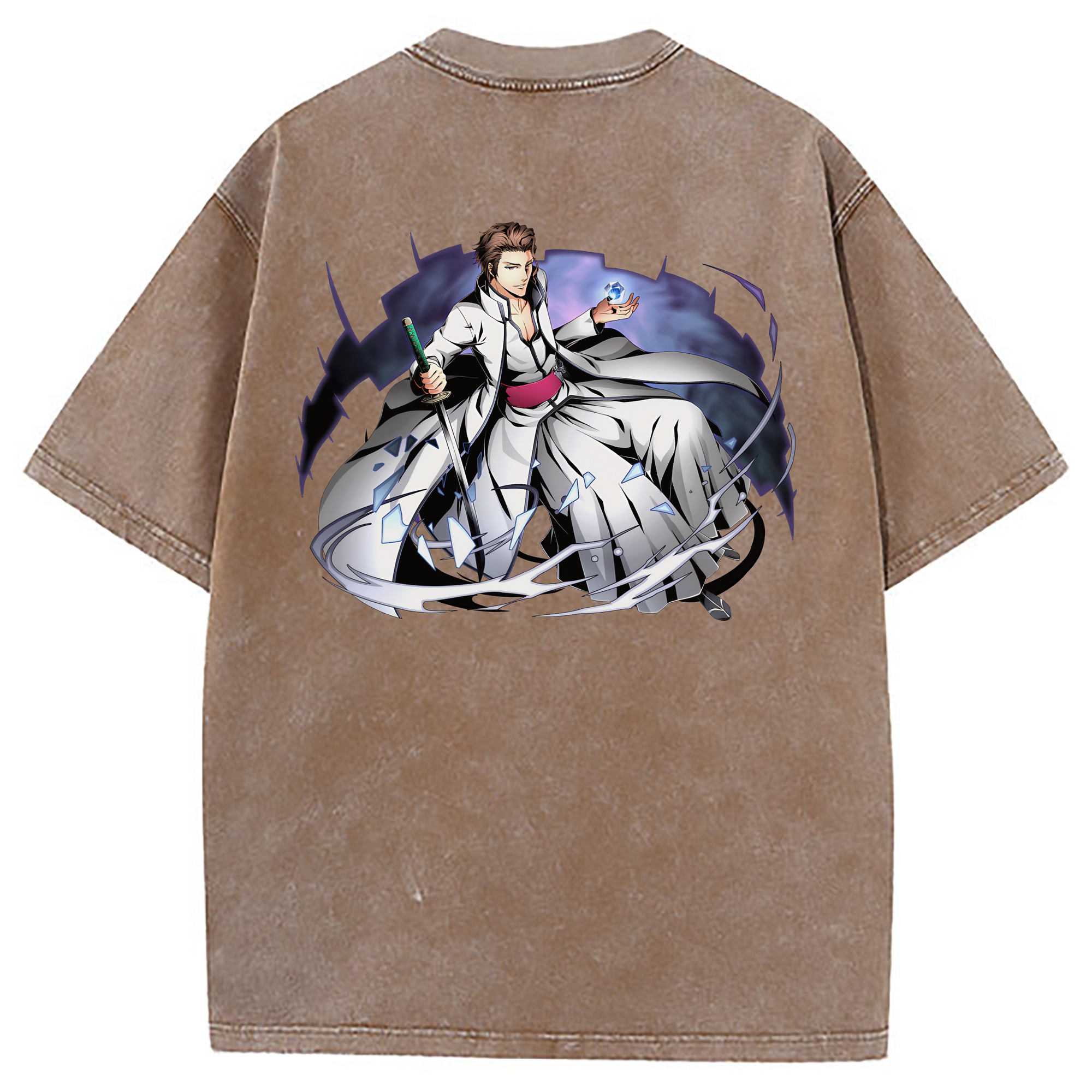 （画像用） ブリーチ 藍染 惣右介（あいぜん そうすけ） BLEACH Aizen Sousuke 綿100% ヴィンテージ風 半袖Tシャツ（背面プリント）