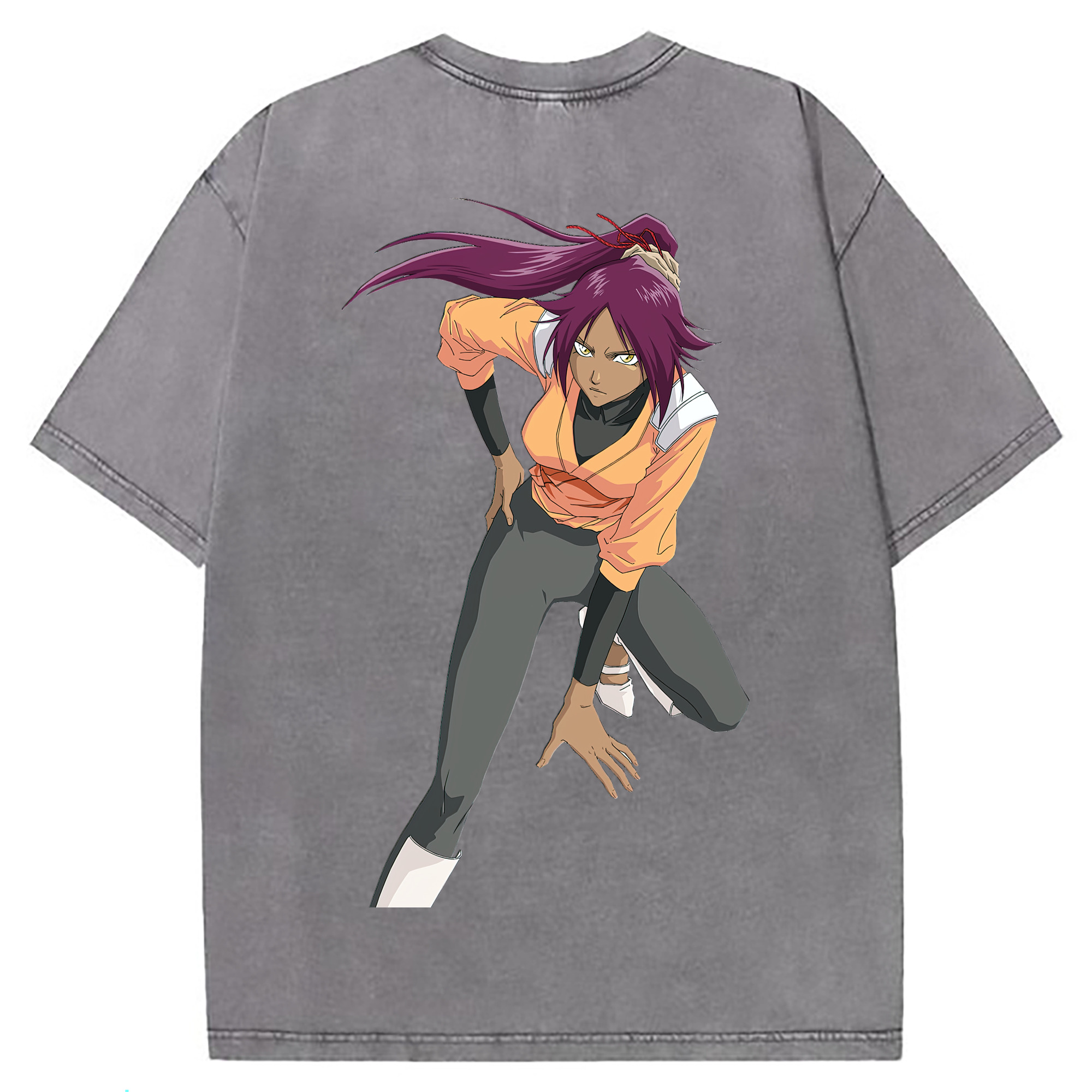 （画像用） ブリーチ 四楓院 夜一（しほういん よるいち） BLEACH Shihouin Yoruichi 綿100% ヴィンテージ風 半袖Tシャツ（背面プリント）