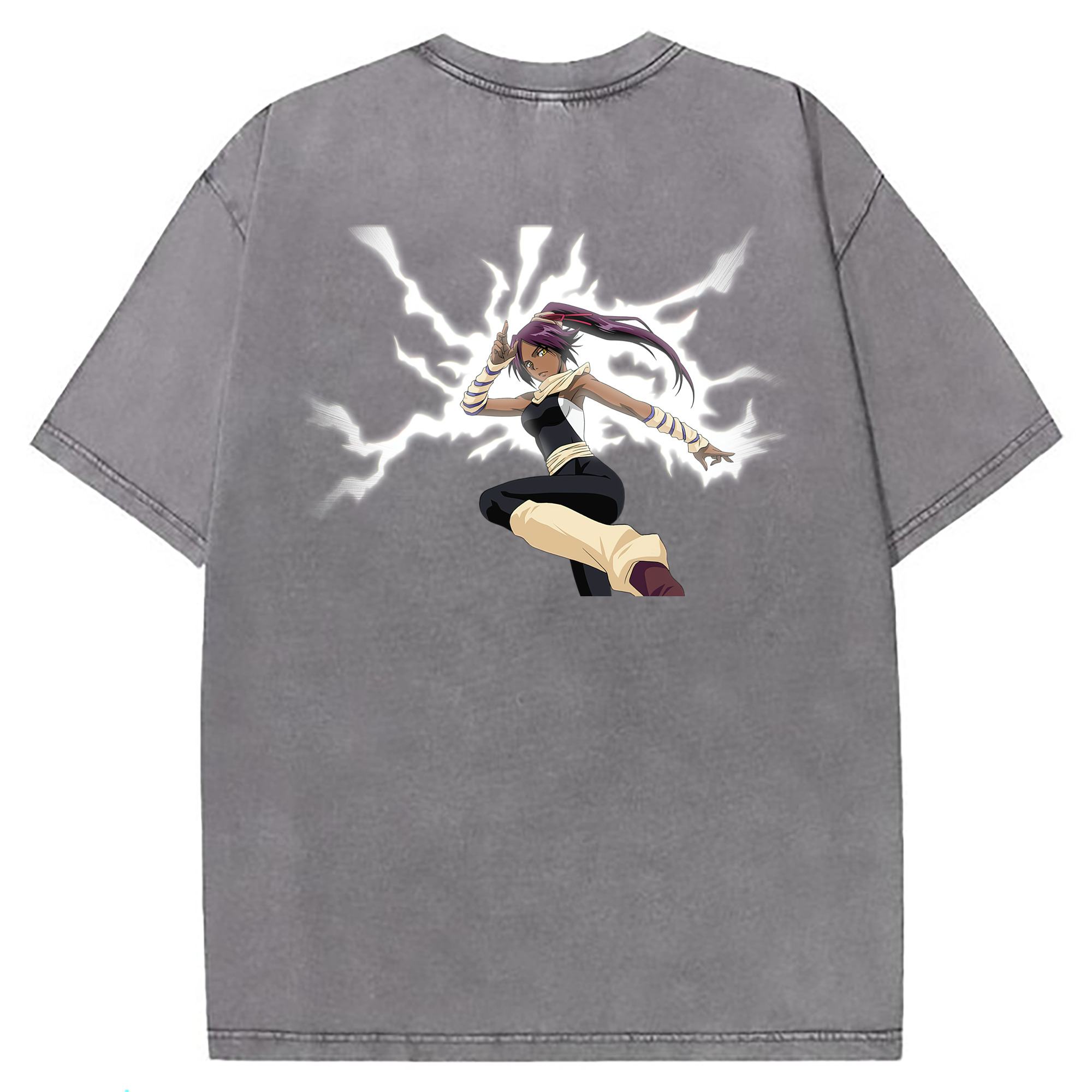 （画像用） ブリーチ 四楓院 夜一（しほういん よるいち） BLEACH Shihouin Yoruichi 綿100% ヴィンテージ風 半袖Tシャツ（背面プリント）