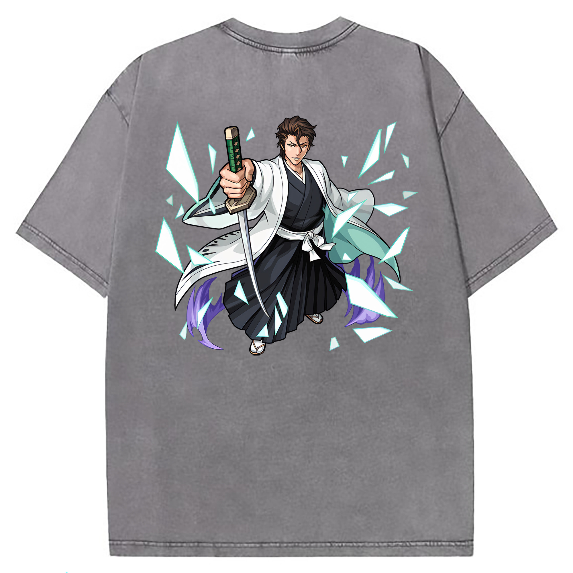 （画像用） ブリーチ 藍染 惣右介（あいぜん そうすけ） BLEACH Aizen Sousuke 綿100% ヴィンテージ風 半袖Tシャツ（背面プリント）