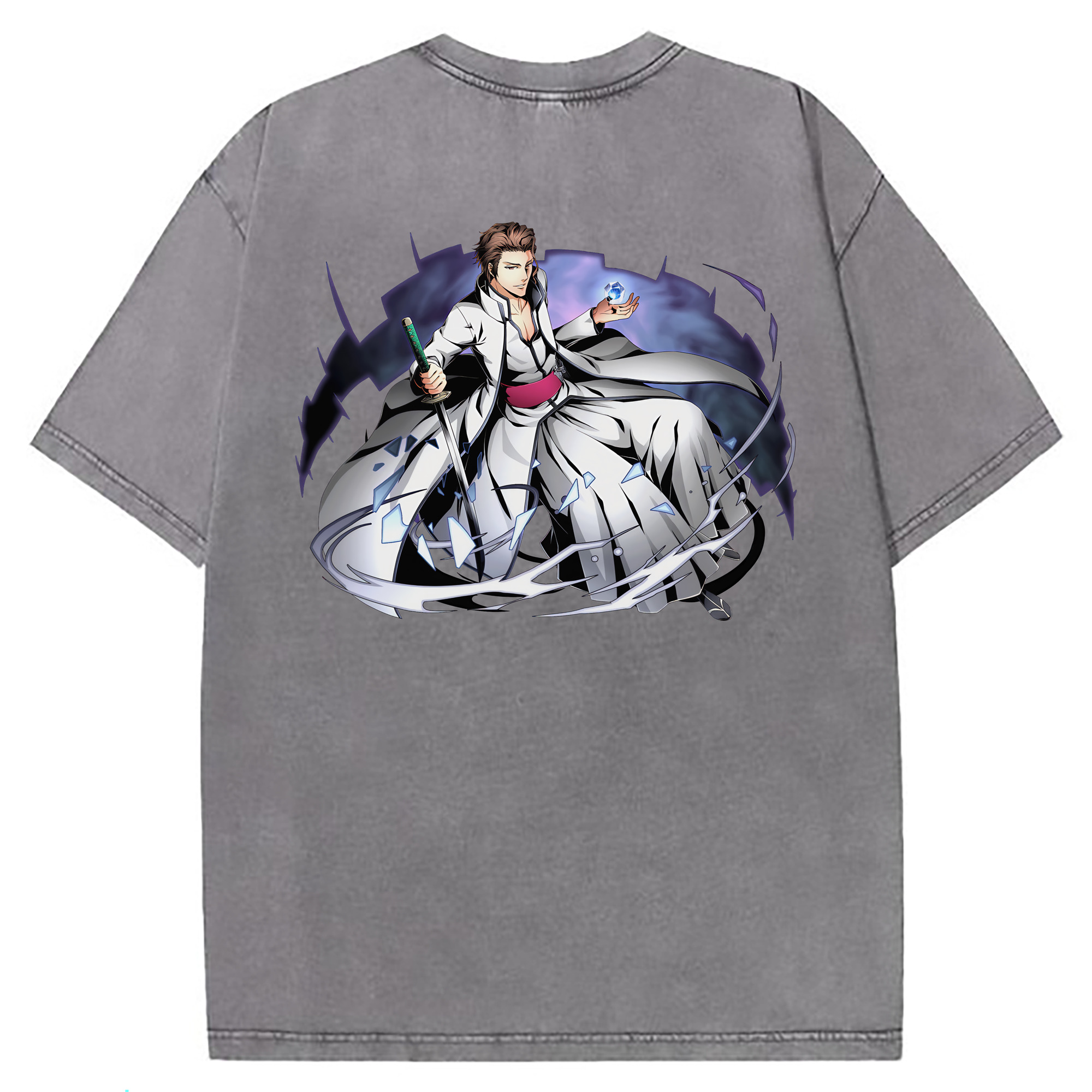 （画像用） ブリーチ 藍染 惣右介（あいぜん そうすけ） BLEACH Aizen Sousuke 綿100% ヴィンテージ風 半袖Tシャツ（背面プリント）