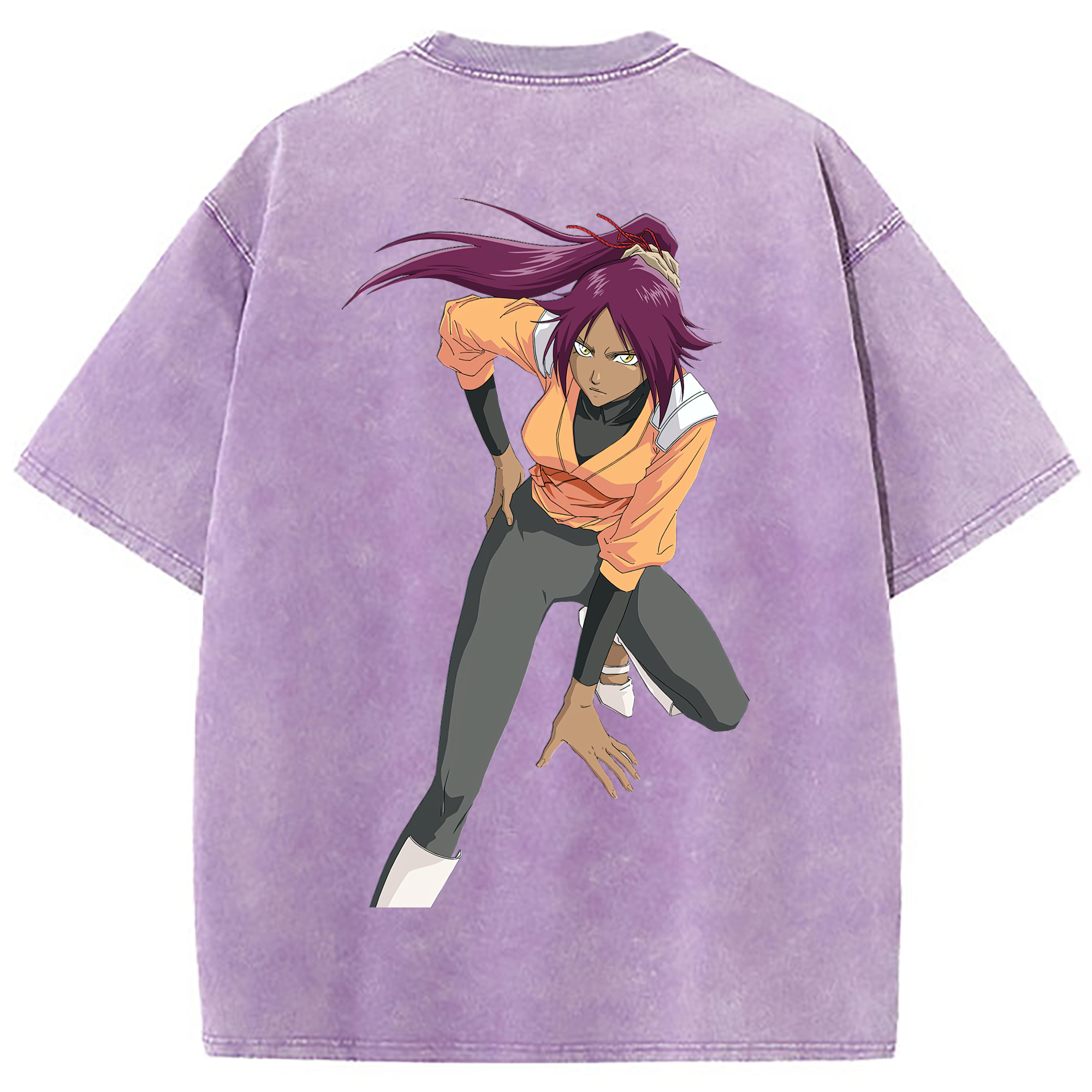 （画像用） ブリーチ 四楓院 夜一（しほういん よるいち） BLEACH Shihouin Yoruichi 綿100% ヴィンテージ風 半袖Tシャツ（背面プリント）