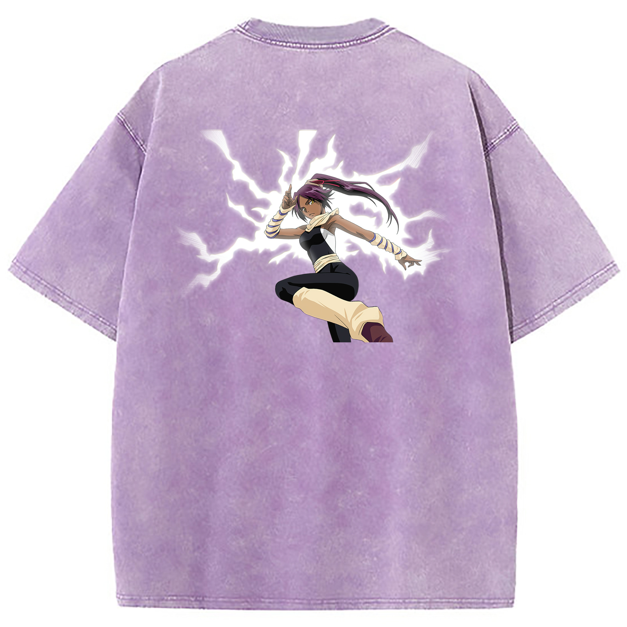 （画像用） ブリーチ 四楓院 夜一（しほういん よるいち） BLEACH Shihouin Yoruichi 綿100% ヴィンテージ風 半袖Tシャツ（背面プリント）