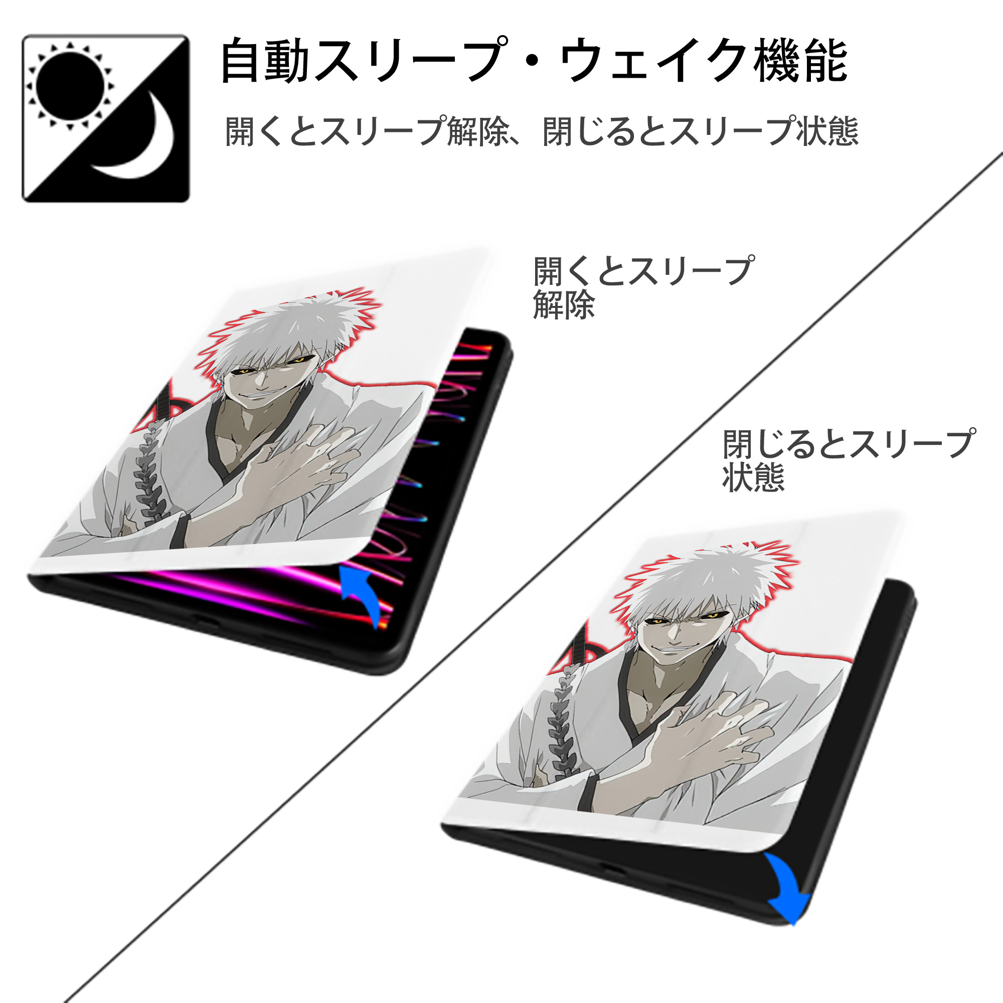 ブリーチ 黒崎一護（くろさき いちご）BLEACH Kurosaki Ichigo IPad ケース ペン収納付き 三つ折りスタンド PUレザー×シリコン 対応機種9.5/10.5/10.9インチ