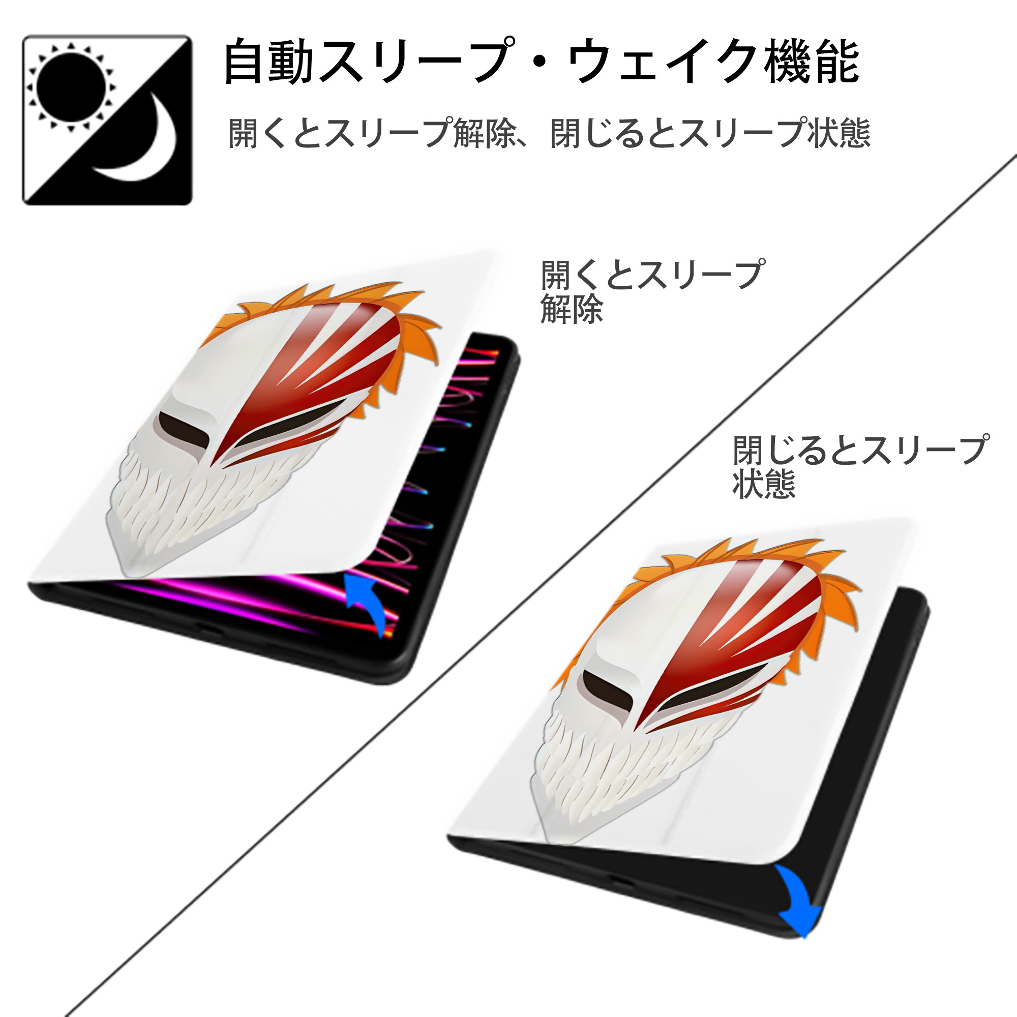 ブリーチ 黒崎一護（くろさき いちご）BLEACH Kurosaki Ichigo IPad ケース ペン収納付き 三つ折りスタンド PUレザー×シリコン 対応機種9.5/10.5/10.9インチ