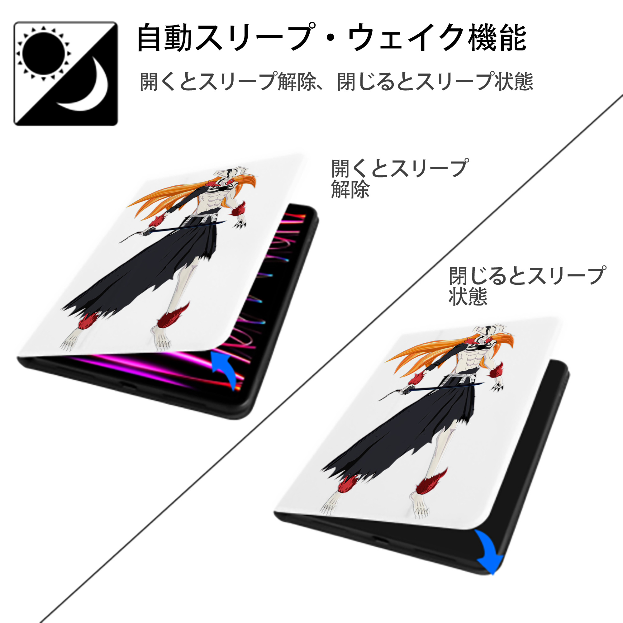ブリーチ 黒崎一護（くろさき いちご）BLEACH Kurosaki Ichigo IPad ケース ペン収納付き 三つ折りスタンド PUレザー×シリコン 対応機種9.5/10.5/10.9インチ
