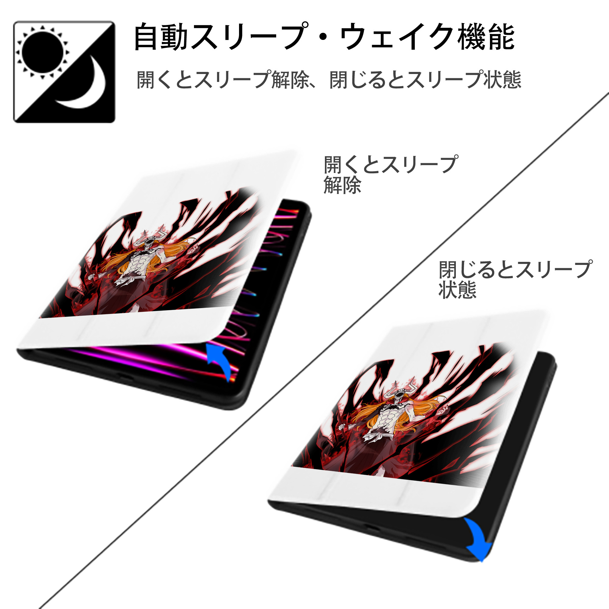 ブリーチ 黒崎一護（くろさき いちご）BLEACH Kurosaki Ichigo IPad ケース ペン収納付き 三つ折りスタンド PUレザー×シリコン 対応機種9.5/10.5/10.9インチ