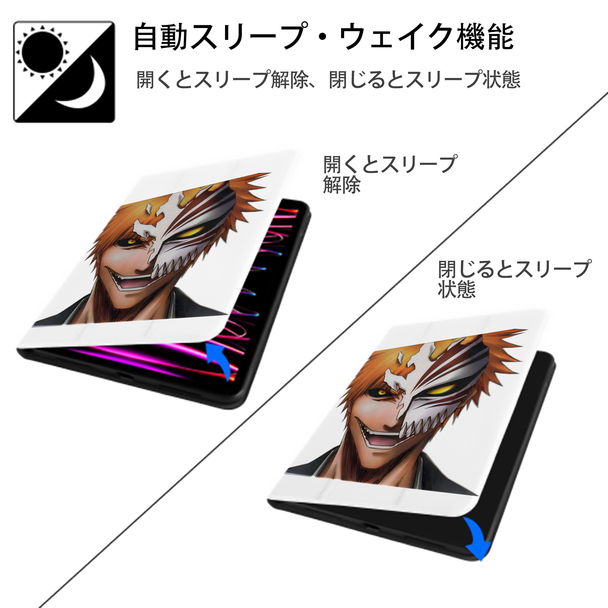 ブリーチ 黒崎一護（くろさき いちご）BLEACH Kurosaki Ichigo IPad ケース ペン収納付き 三つ折りスタンド PUレザー×シリコン 対応機種9.5/10.5/10.9インチ