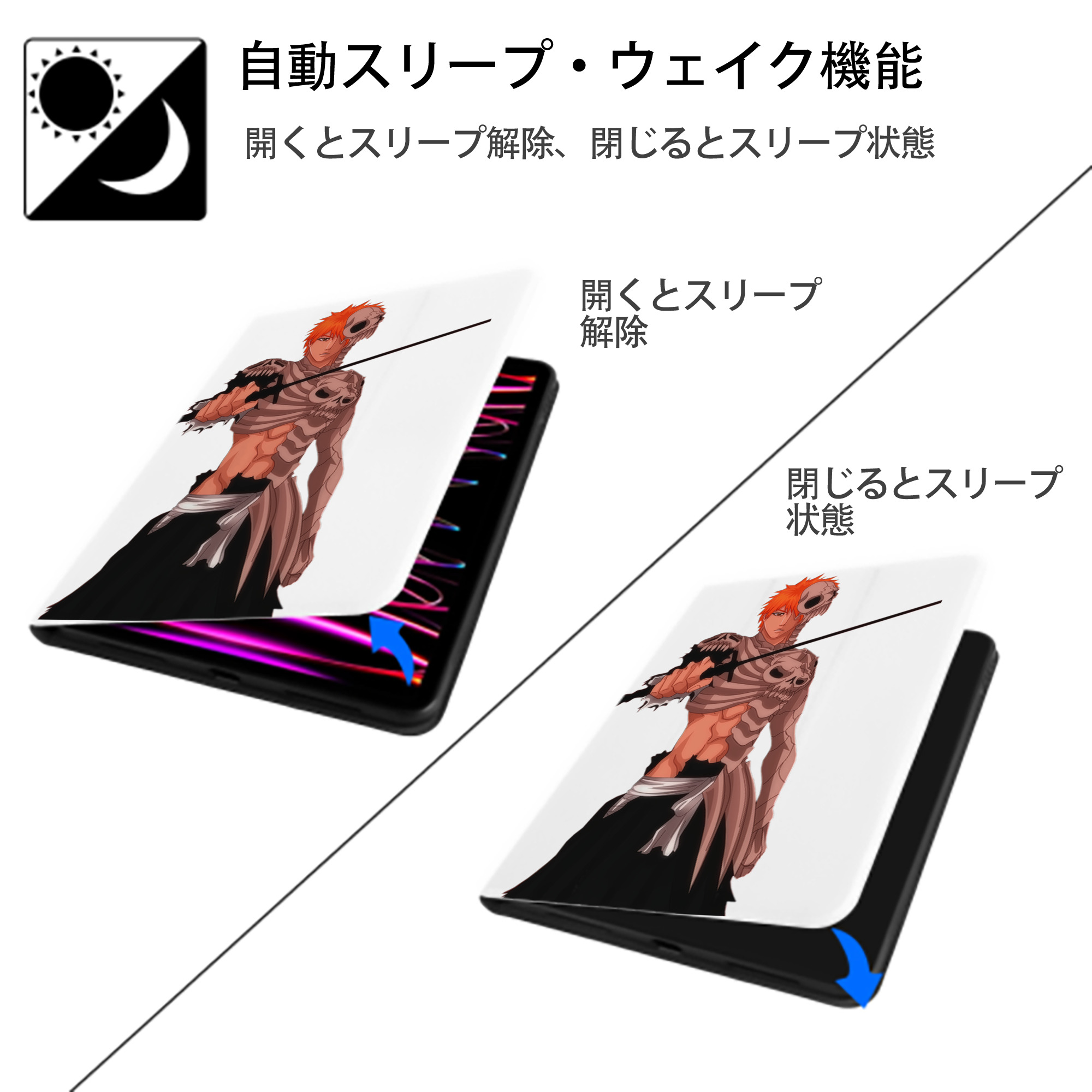ブリーチ 黒崎一護（くろさき いちご）BLEACH Kurosaki Ichigo IPad ケース ペン収納付き 三つ折りスタンド PUレザー×シリコン 対応機種9.5/10.5/10.9インチ