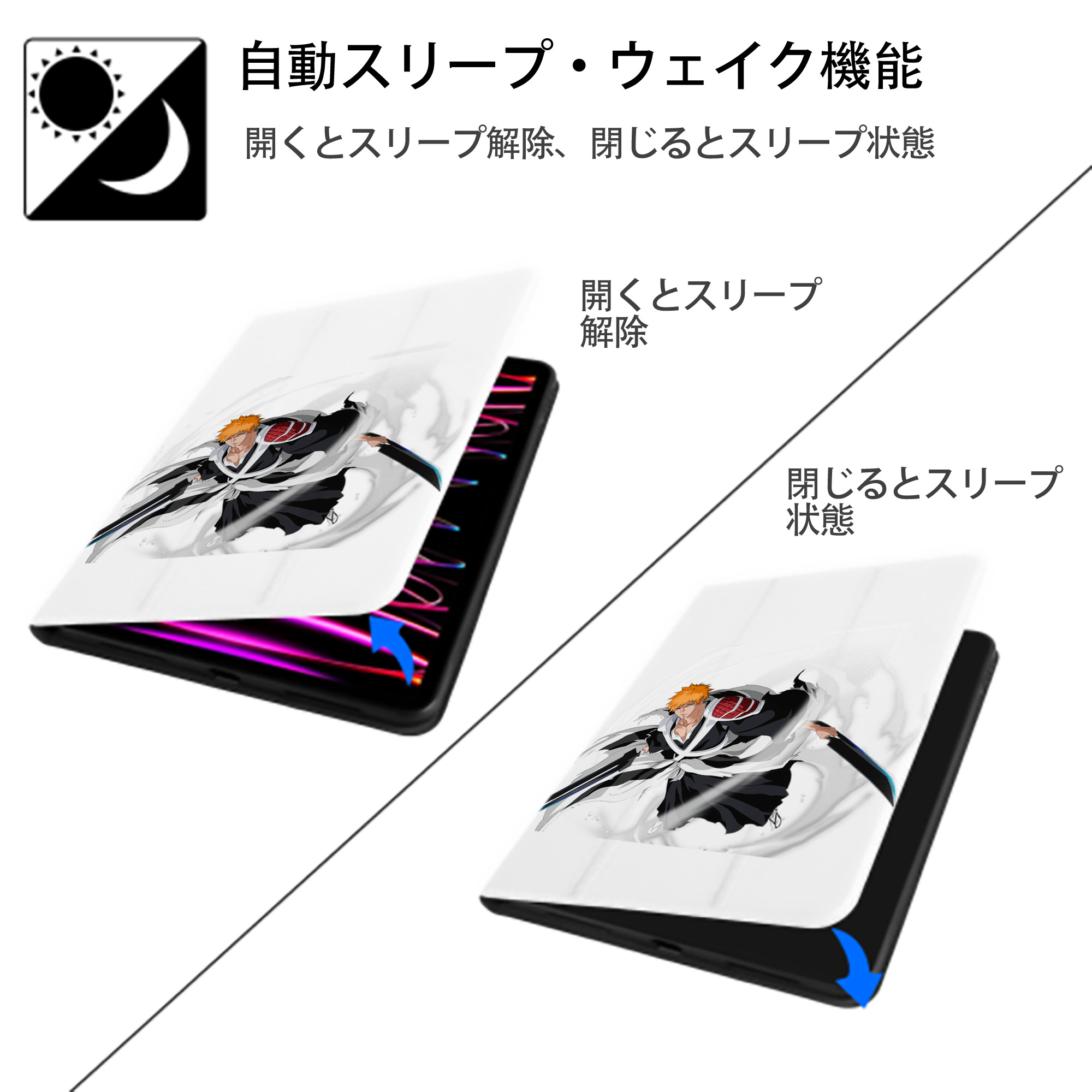 ブリーチ 黒崎一護（くろさき いちご）BLEACH Kurosaki Ichigo IPad ケース ペン収納付き 三つ折りスタンド PUレザー×シリコン 対応機種9.5/10.5/10.9インチ