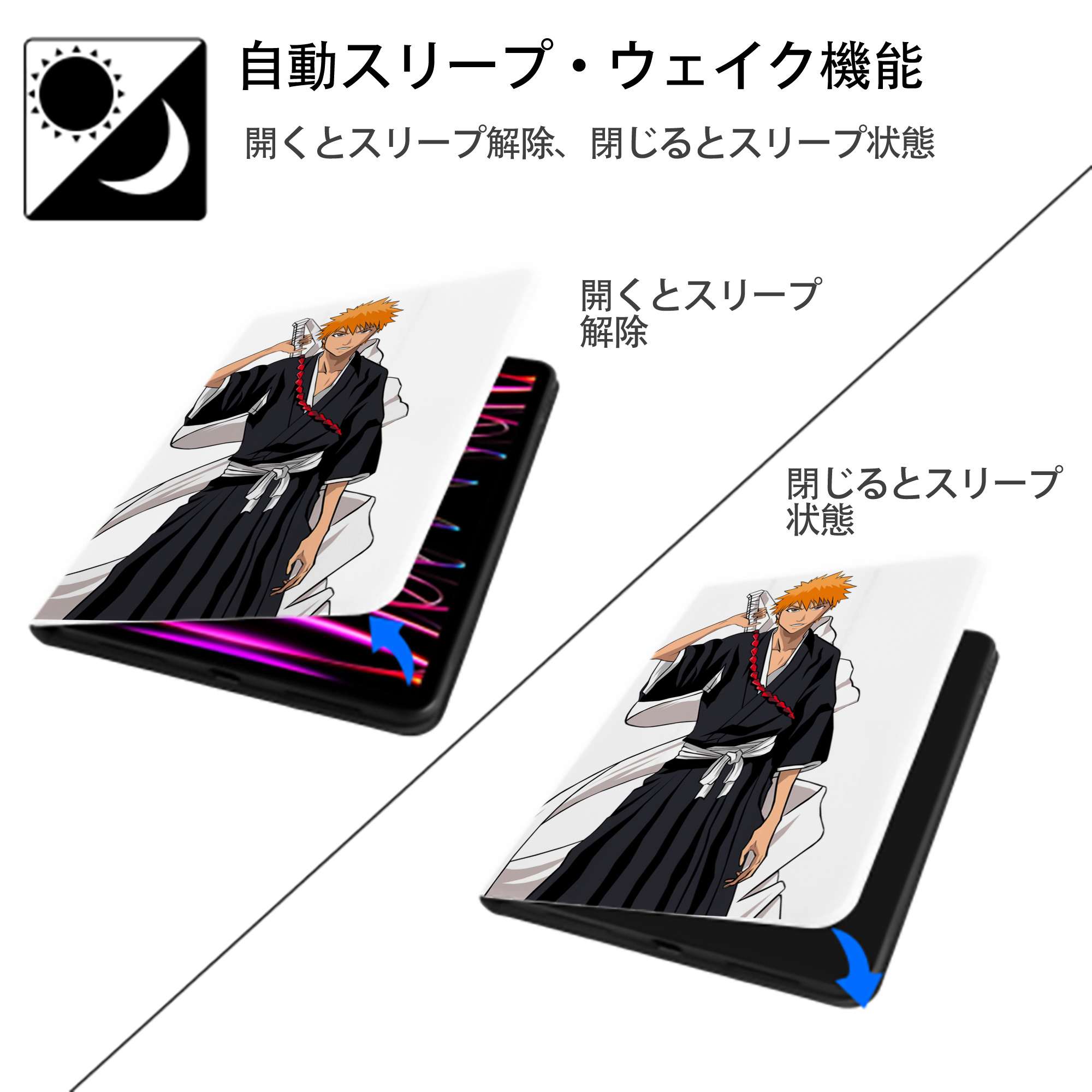 ブリーチ 黒崎一護（くろさき いちご）BLEACH Kurosaki Ichigo IPad ケース ペン収納付き 三つ折りスタンド PUレザー×シリコン 対応機種9.5/10.5/10.9インチ