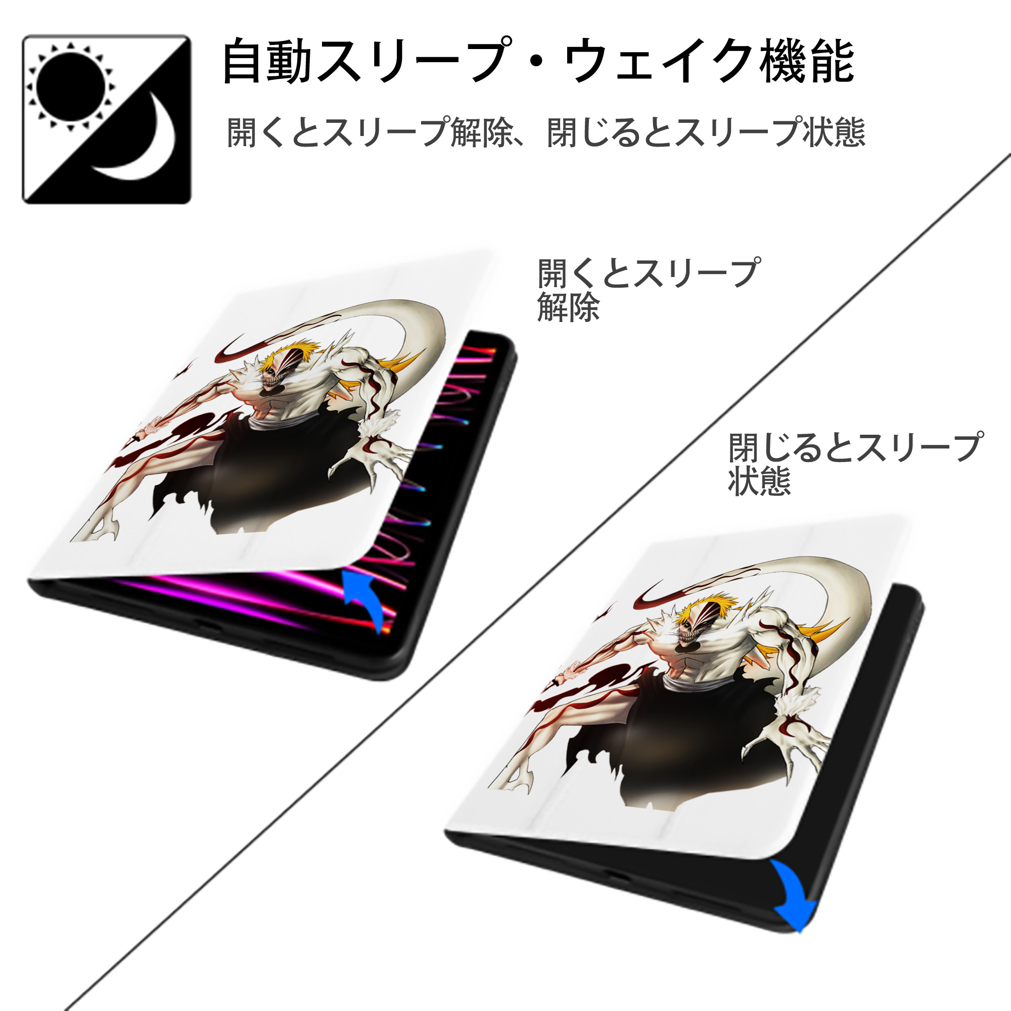 ブリーチ 黒崎一護（くろさき いちご）BLEACH Kurosaki Ichigo IPad ケース ペン収納付き 三つ折りスタンド PUレザー×シリコン 対応機種9.5/10.5/10.9インチ