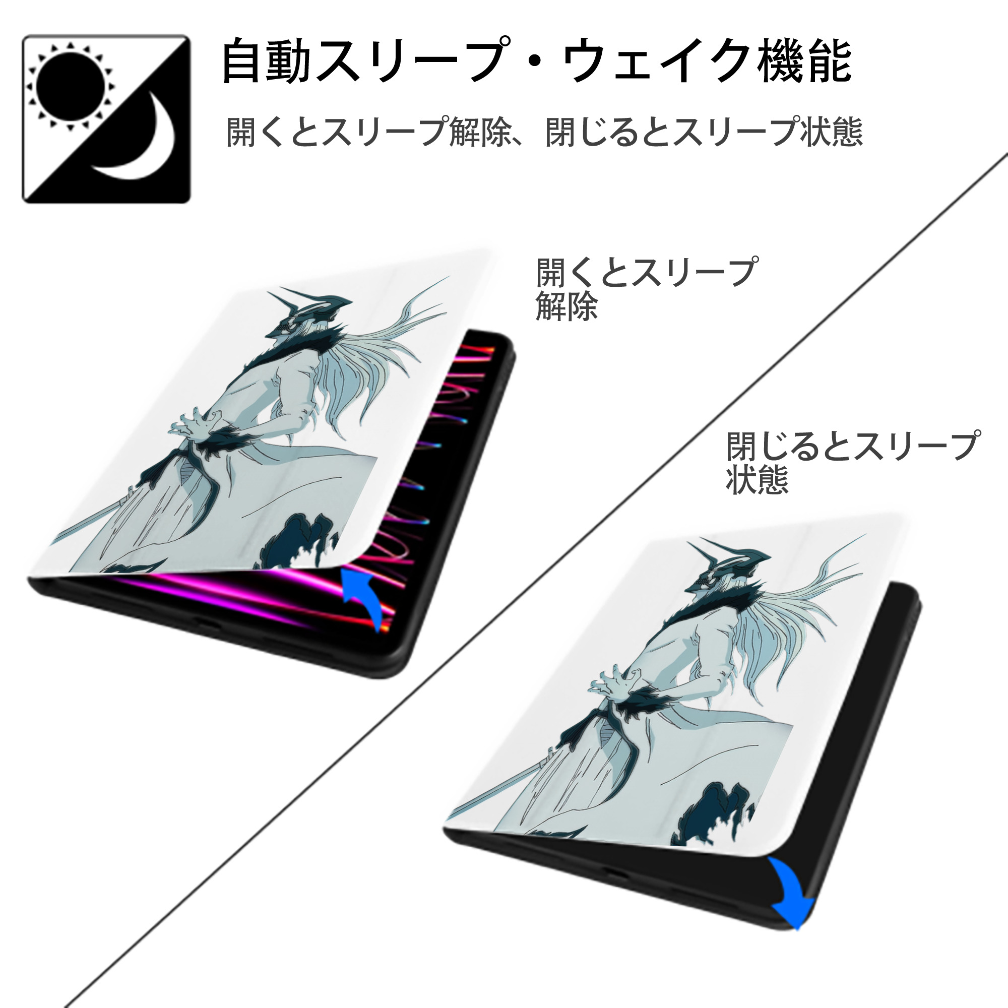 ブリーチ 黒崎一護（くろさき いちご）BLEACH Kurosaki Ichigo IPad ケース ペン収納付き 三つ折りスタンド PUレザー×シリコン 対応機種9.5/10.5/10.9インチ