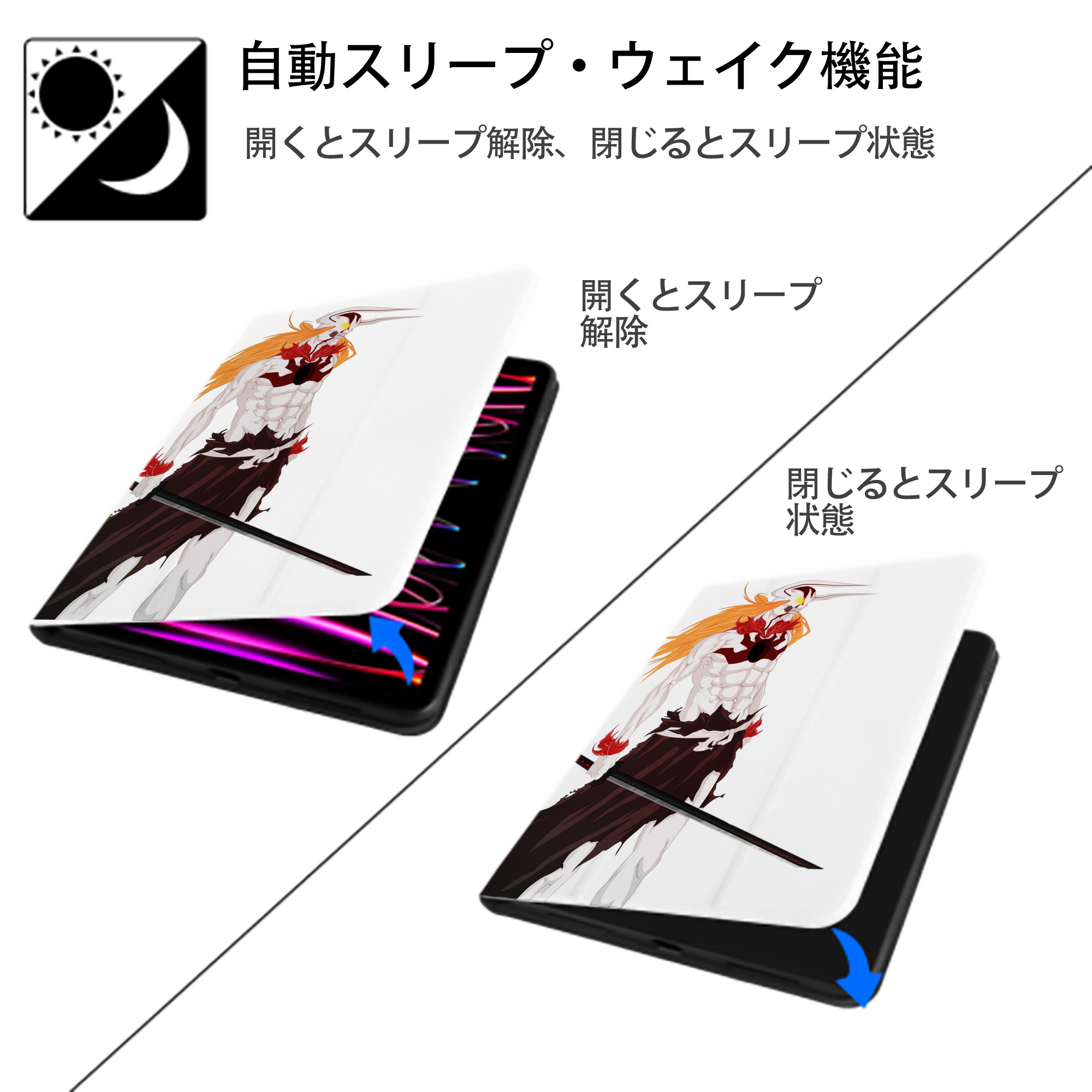 ブリーチ 黒崎一護（くろさき いちご）BLEACH Kurosaki Ichigo IPad ケース ペン収納付き 三つ折りスタンド PUレザー×シリコン 対応機種9.5/10.5/10.9インチ