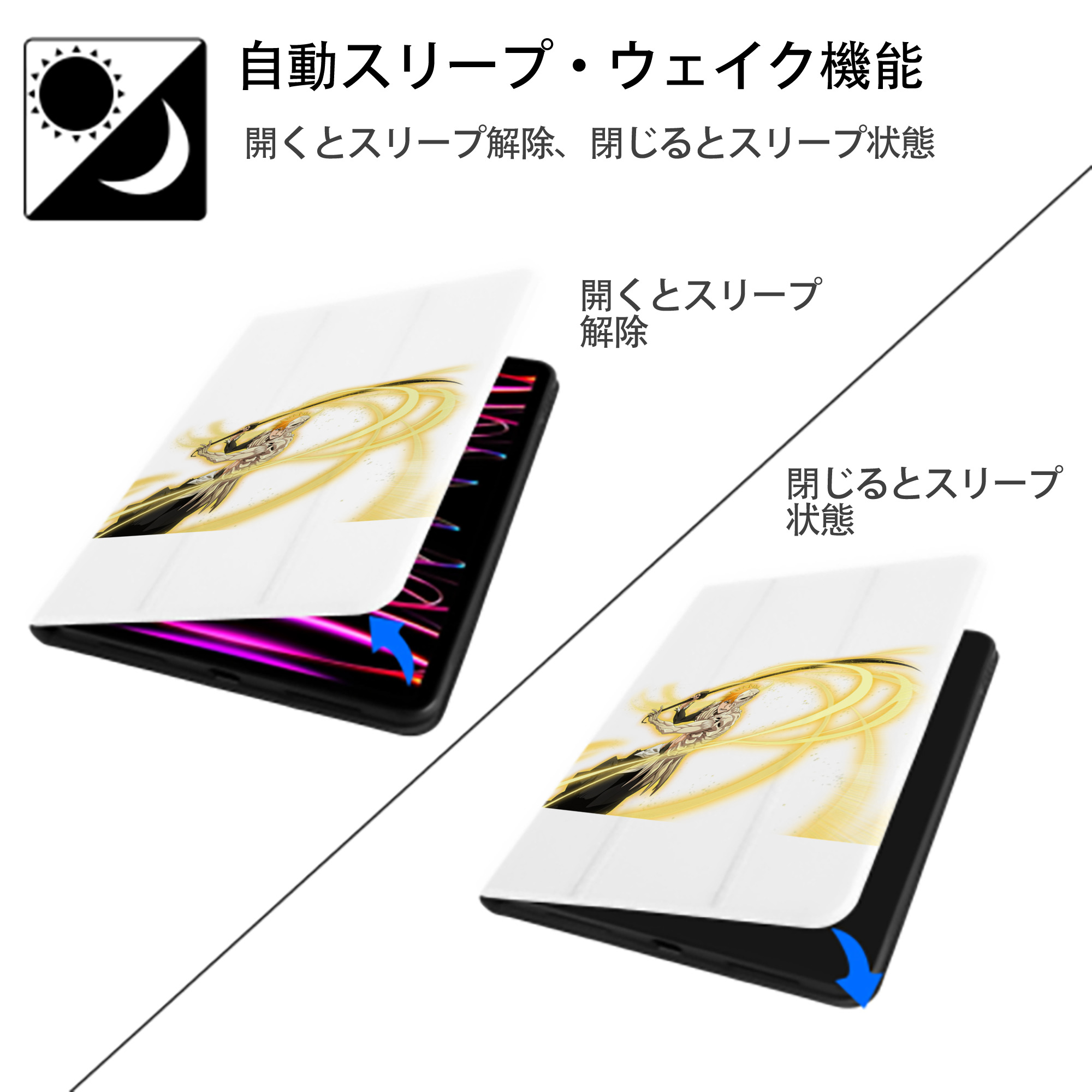 ブリーチ 黒崎一護（くろさき いちご）BLEACH Kurosaki Ichigo IPad ケース ペン収納付き 三つ折りスタンド PUレザー×シリコン 対応機種9.5/10.5/10.9インチ