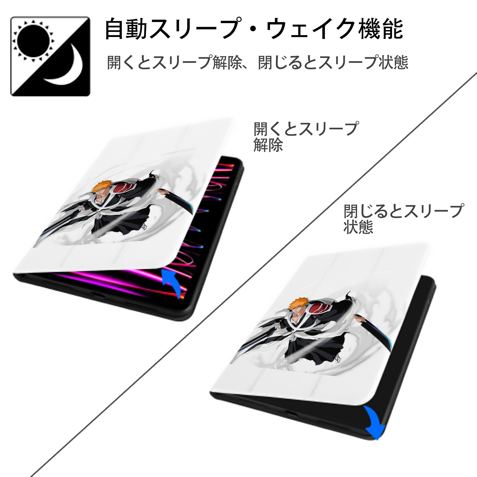 ブリーチ 黒崎一護（くろさき いちご）BLEACH Kurosaki Ichigo IPad ケース ペン収納付き 三つ折りスタンド PUレザー×シリコン 対応機種9.5/10.5/10.9インチ