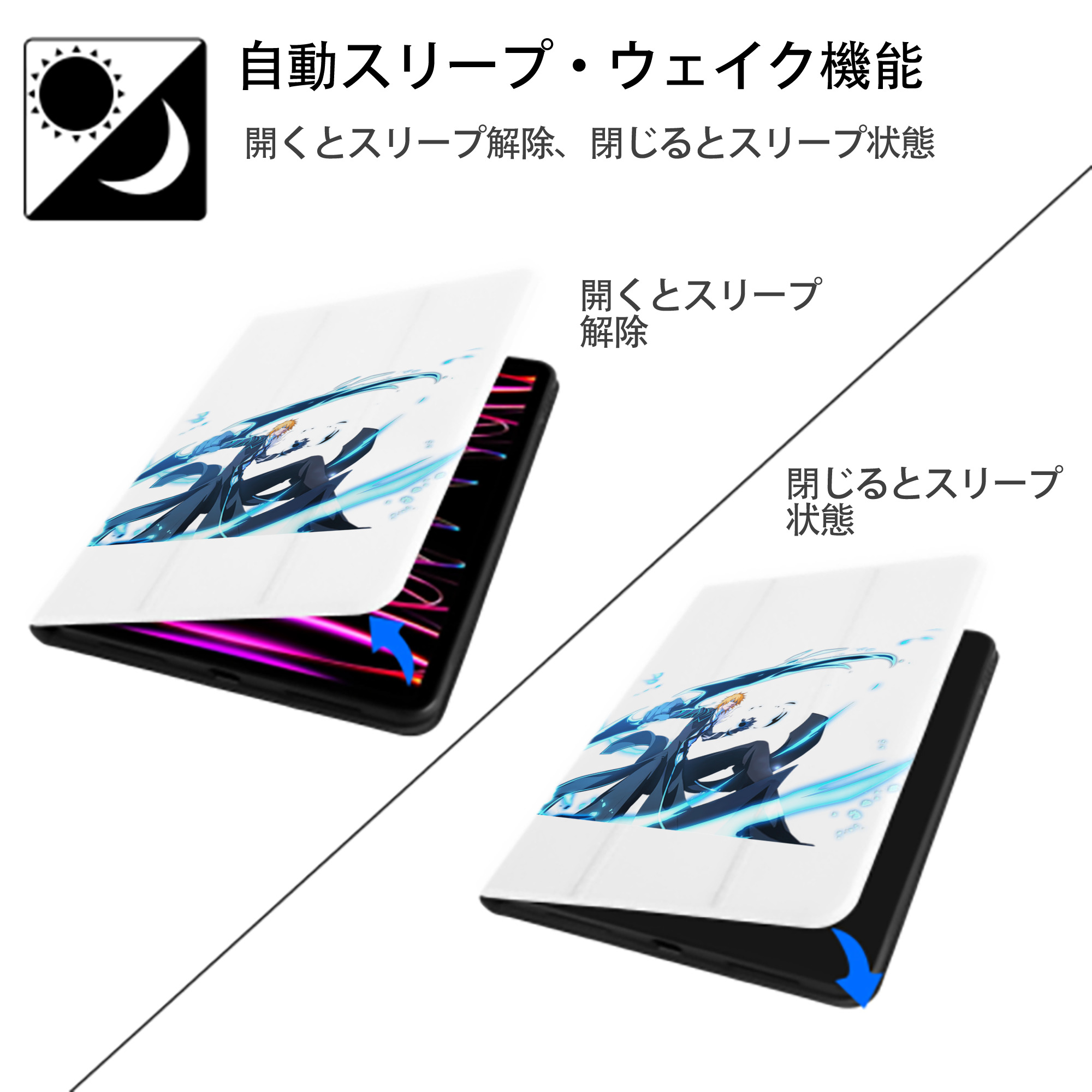 ブリーチ 黒崎一護（くろさき いちご）BLEACH Kurosaki Ichigo IPad ケース ペン収納付き 三つ折りスタンド PUレザー×シリコン 対応機種9.5/10.5/10.9インチ