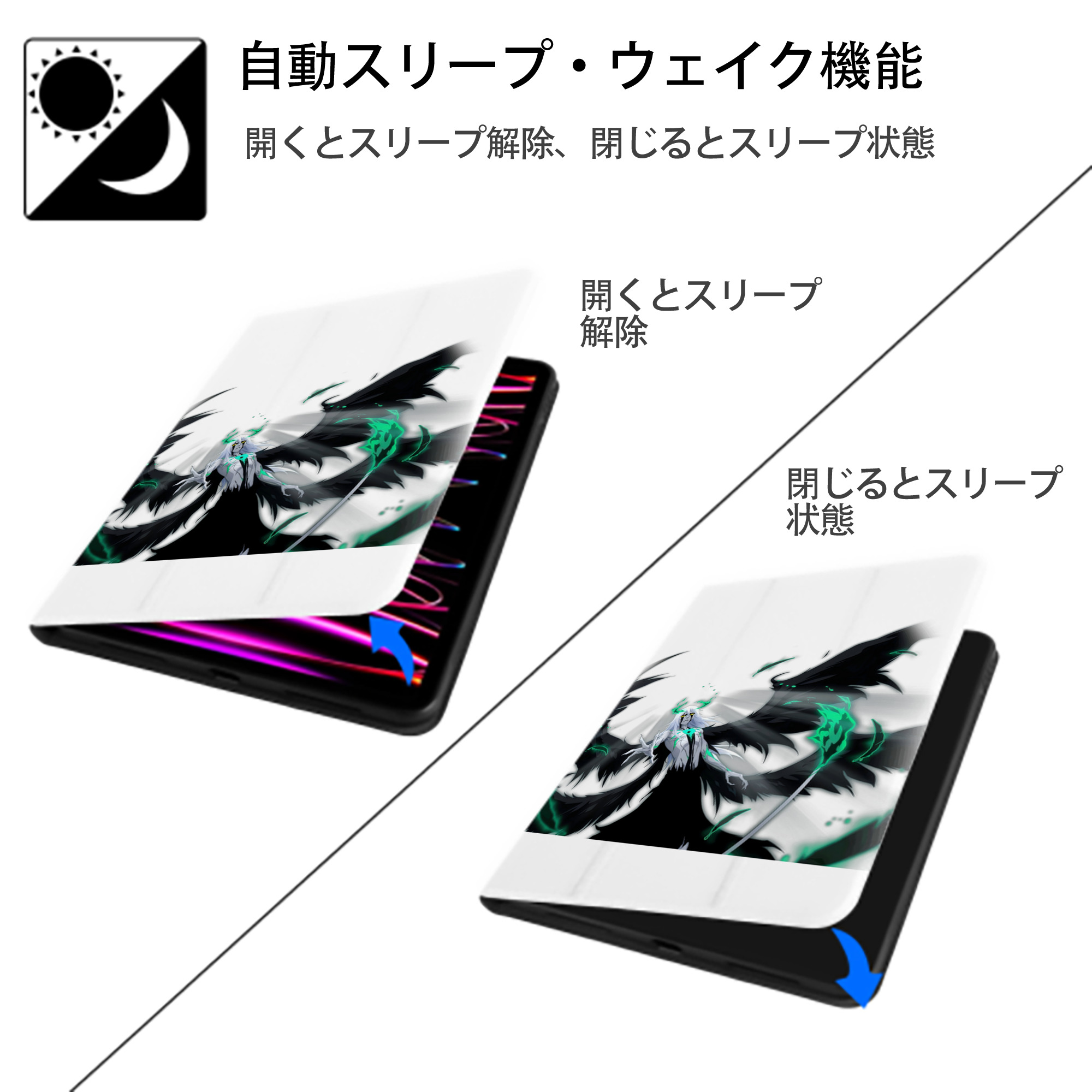 ブリーチ ウルキオラ·シファー BLEACH Ulquiorra cifer IPad ケース ペン収納付き 三つ折りスタンド PUレザー×シリコン 対応機種9.5/10.5/10.9インチ