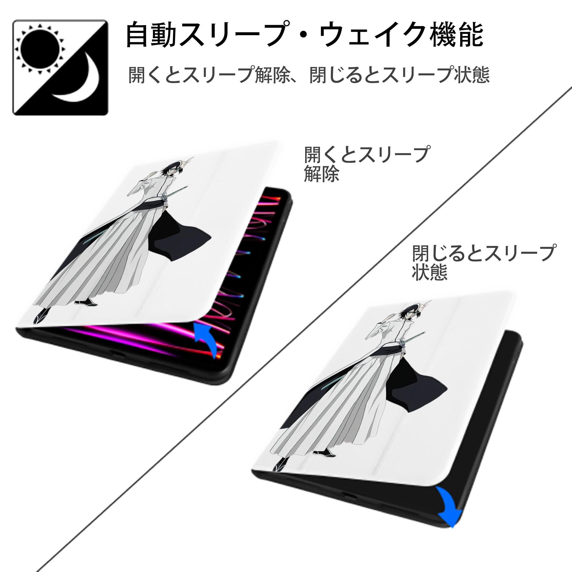 ブリーチ ウルキオラ·シファー BLEACH Ulquiorra cifer IPad ケース ペン収納付き 三つ折りスタンド PUレザー×シリコン 対応機種9.5/10.5/10.9インチ