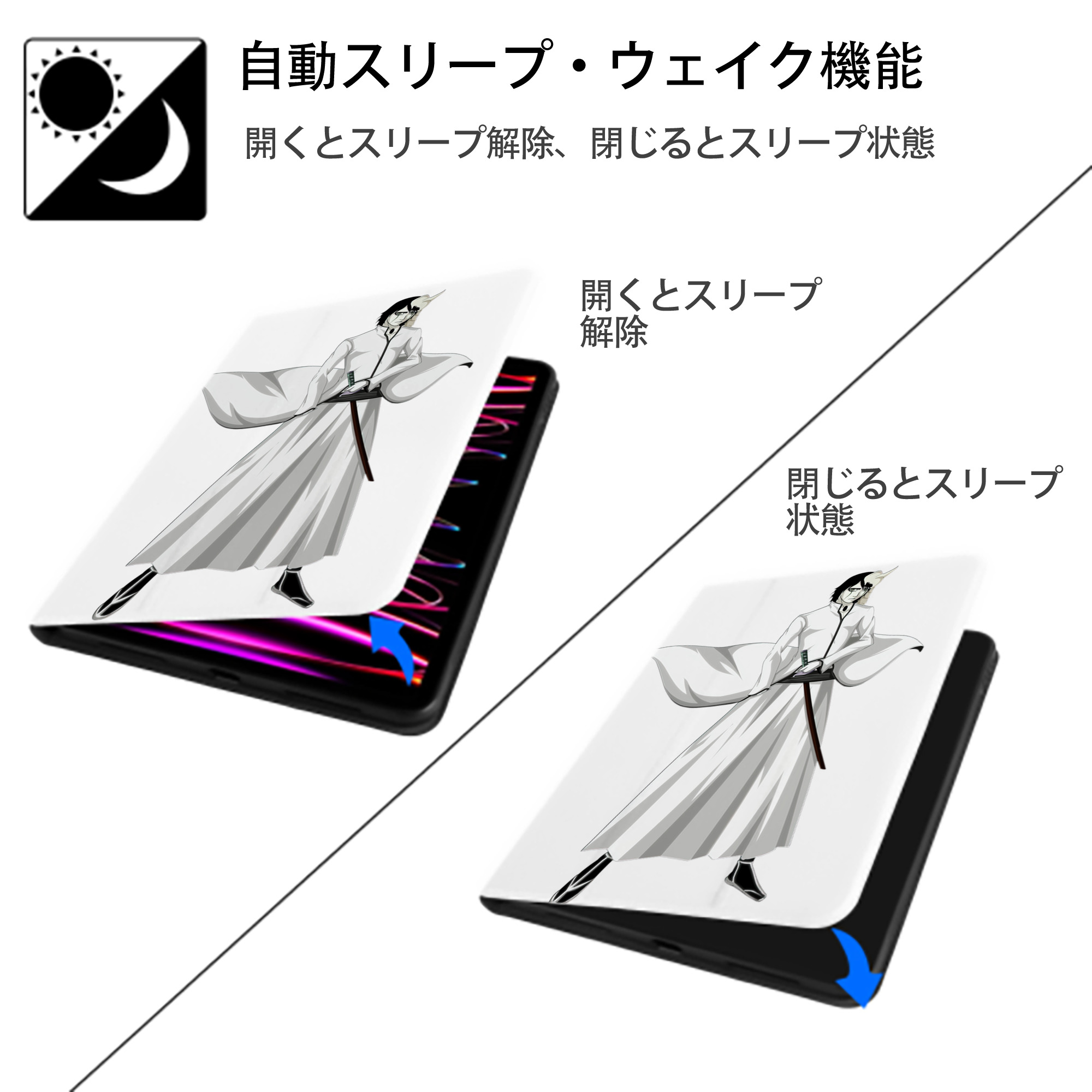 ブリーチ ウルキオラ·シファー BLEACH Ulquiorra cifer IPad ケース ペン収納付き 三つ折りスタンド PUレザー×シリコン 対応機種9.5/10.5/10.9インチ