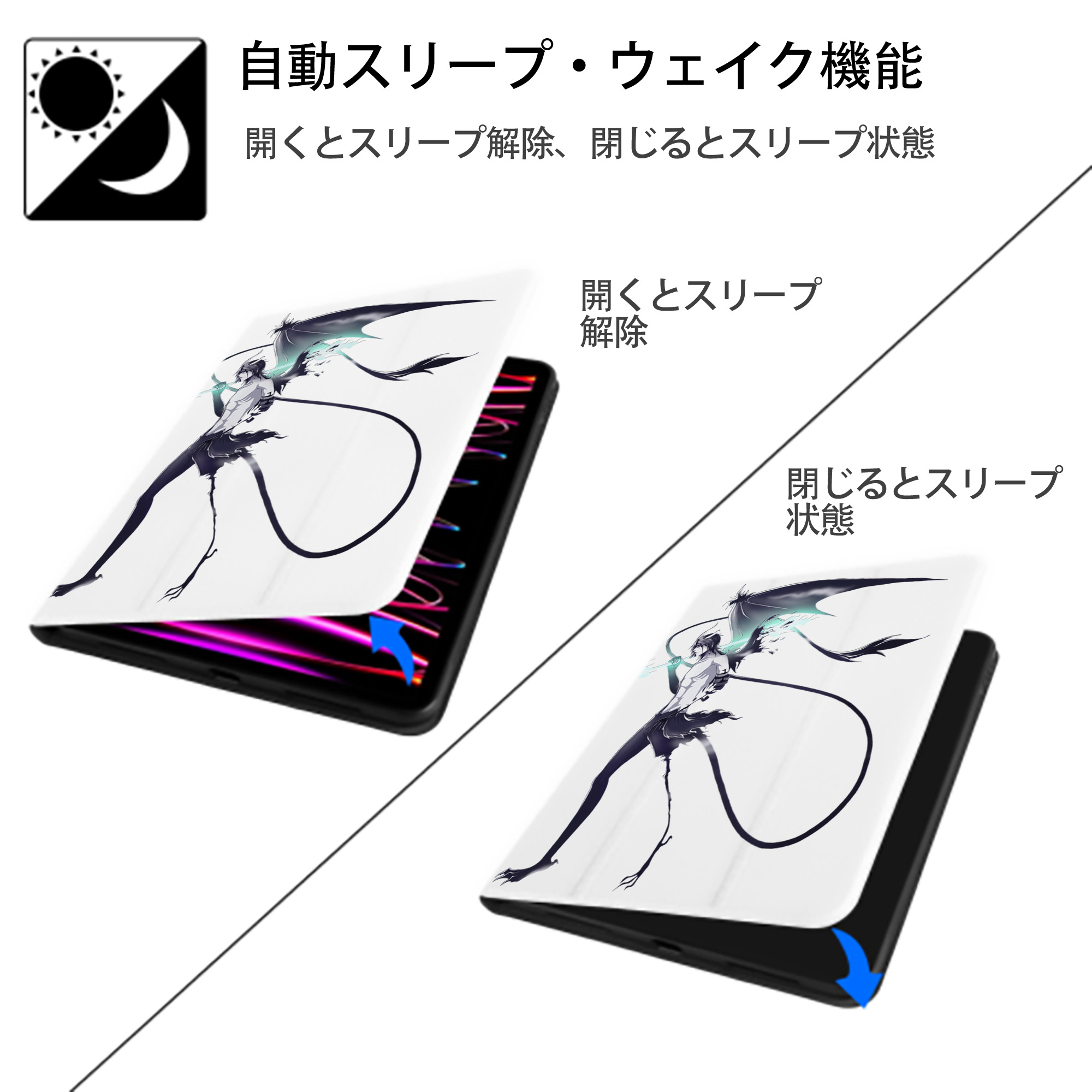 ブリーチ ウルキオラ·シファー BLEACH Ulquiorra cifer IPad ケース ペン収納付き 三つ折りスタンド PUレザー×シリコン 対応機種9.5/10.5/10.9インチ