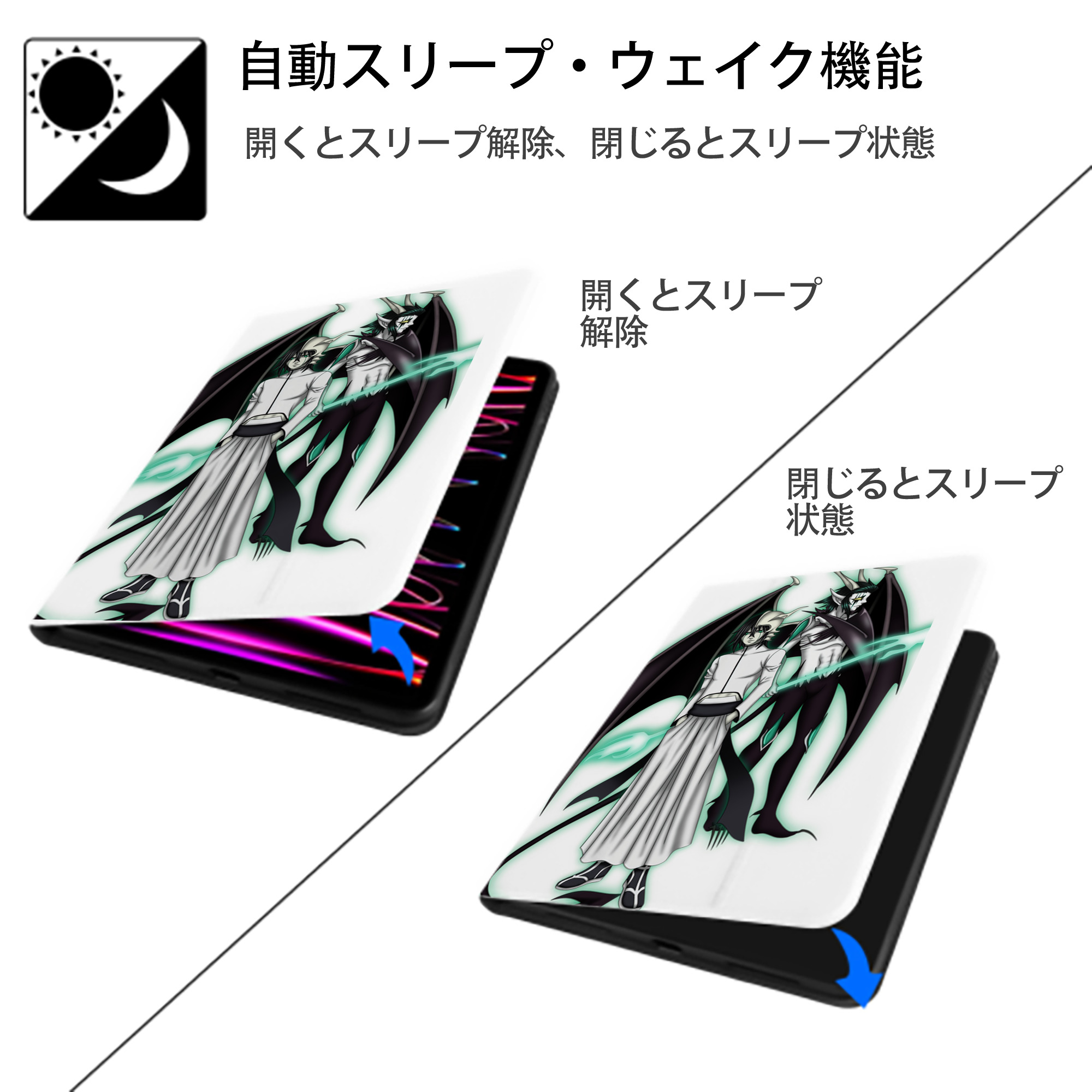 ブリーチ ウルキオラ·シファー BLEACH Ulquiorra cifer IPad ケース ペン収納付き 三つ折りスタンド PUレザー×シリコン 対応機種9.5/10.5/10.9インチ