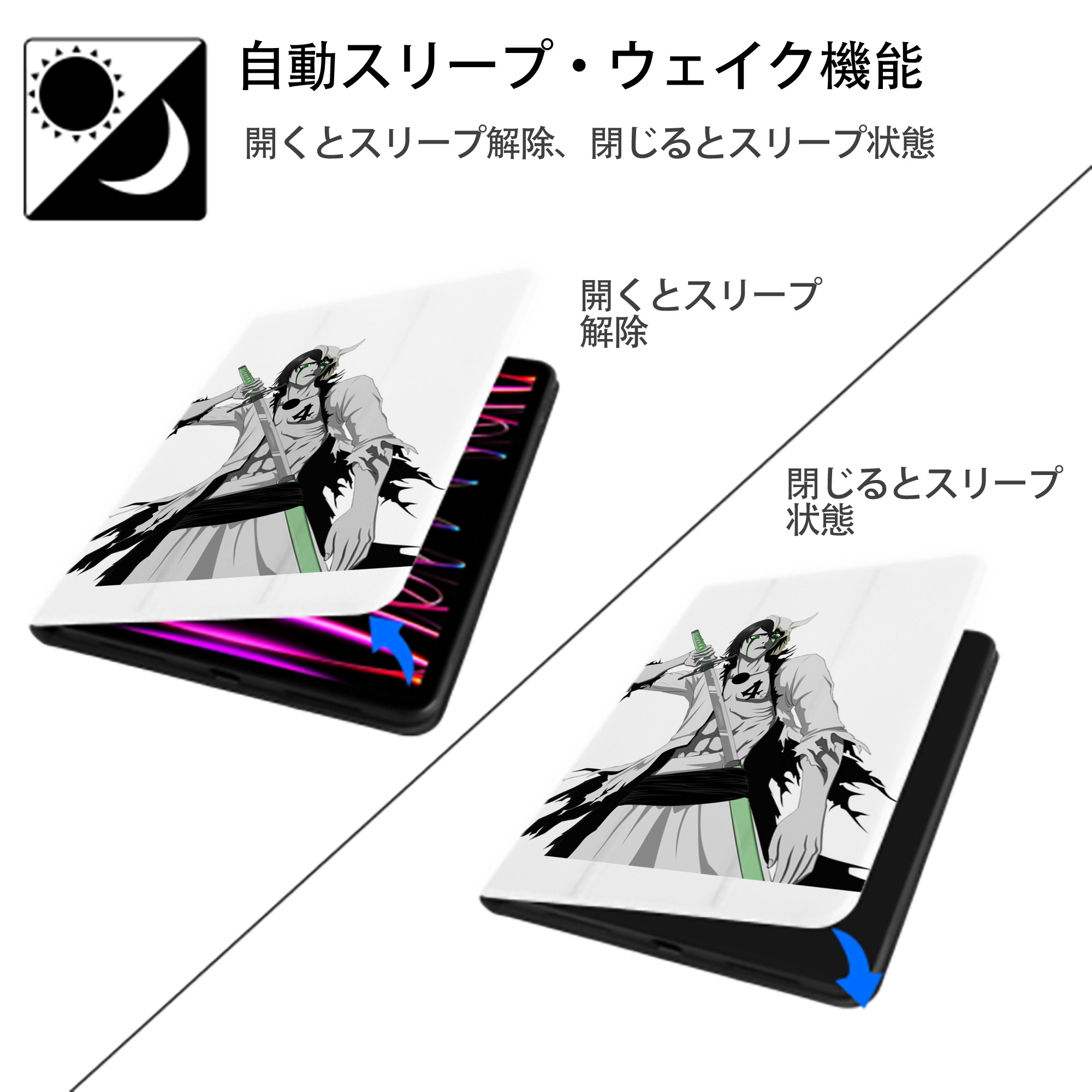 ブリーチ ウルキオラ·シファー BLEACH Ulquiorra cifer IPad ケース ペン収納付き 三つ折りスタンド PUレザー×シリコン 対応機種9.5/10.5/10.9インチ
