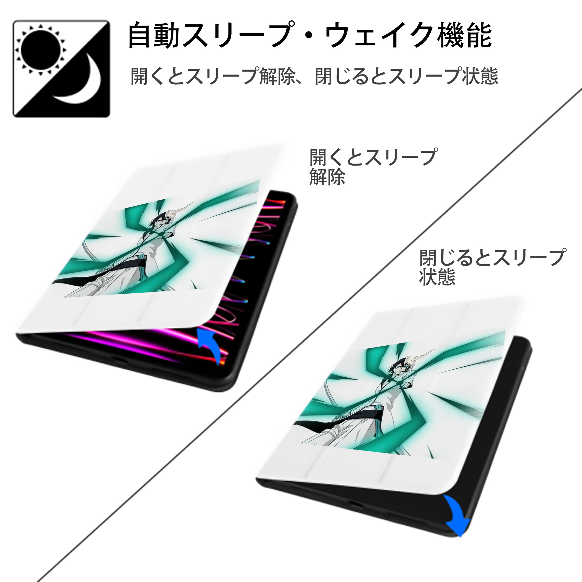 ブリーチ ウルキオラ·シファー BLEACH Ulquiorra cifer IPad ケース ペン収納付き 三つ折りスタンド PUレザー×シリコン 対応機種9.5/10.5/10.9インチ