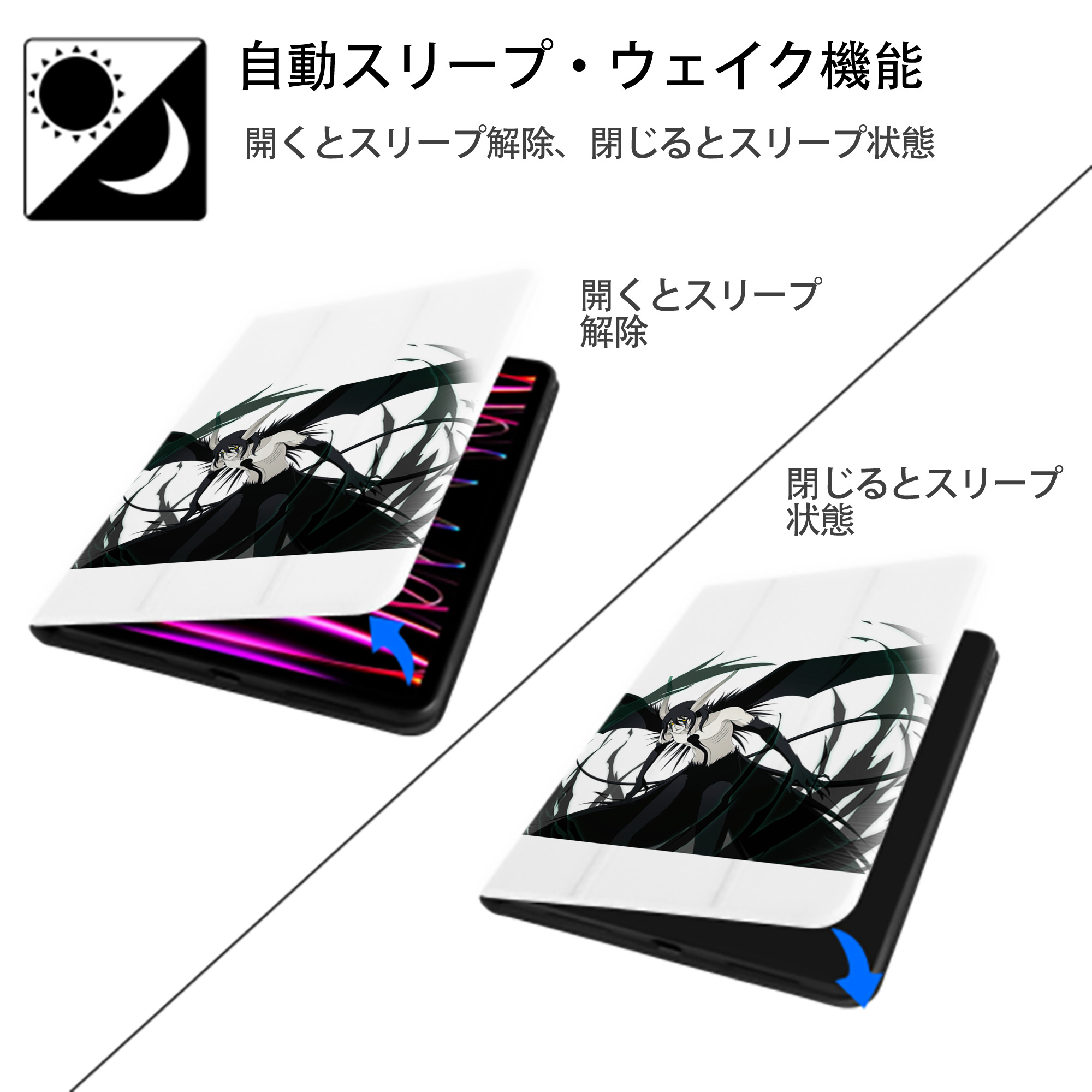 ブリーチ ウルキオラ·シファー BLEACH Ulquiorra cifer IPad ケース ペン収納付き 三つ折りスタンド PUレザー×シリコン 対応機種9.5/10.5/10.9インチ