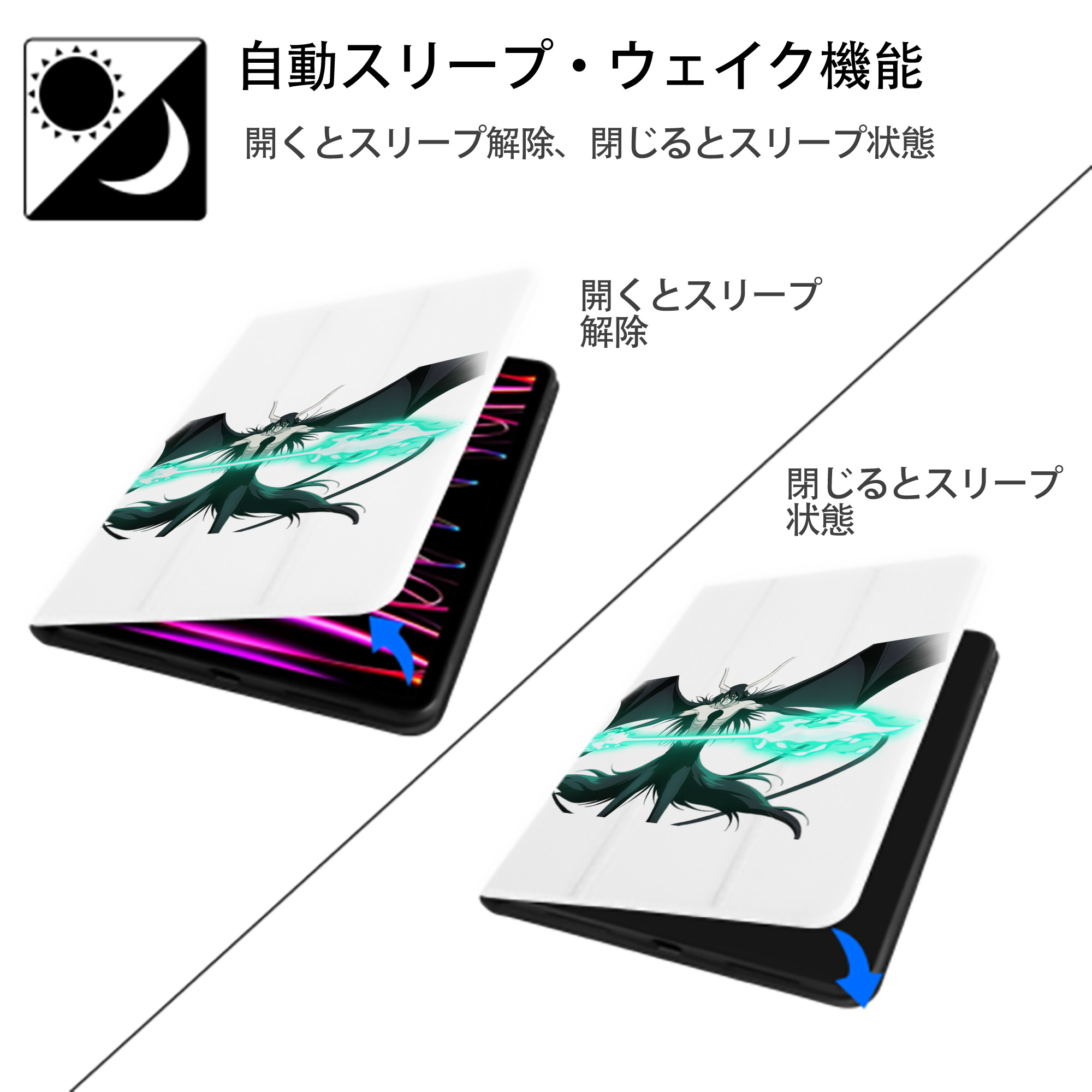 ブリーチ ウルキオラ·シファー BLEACH Ulquiorra cifer IPad ケース ペン収納付き 三つ折りスタンド PUレザー×シリコン 対応機種9.5/10.5/10.9インチ