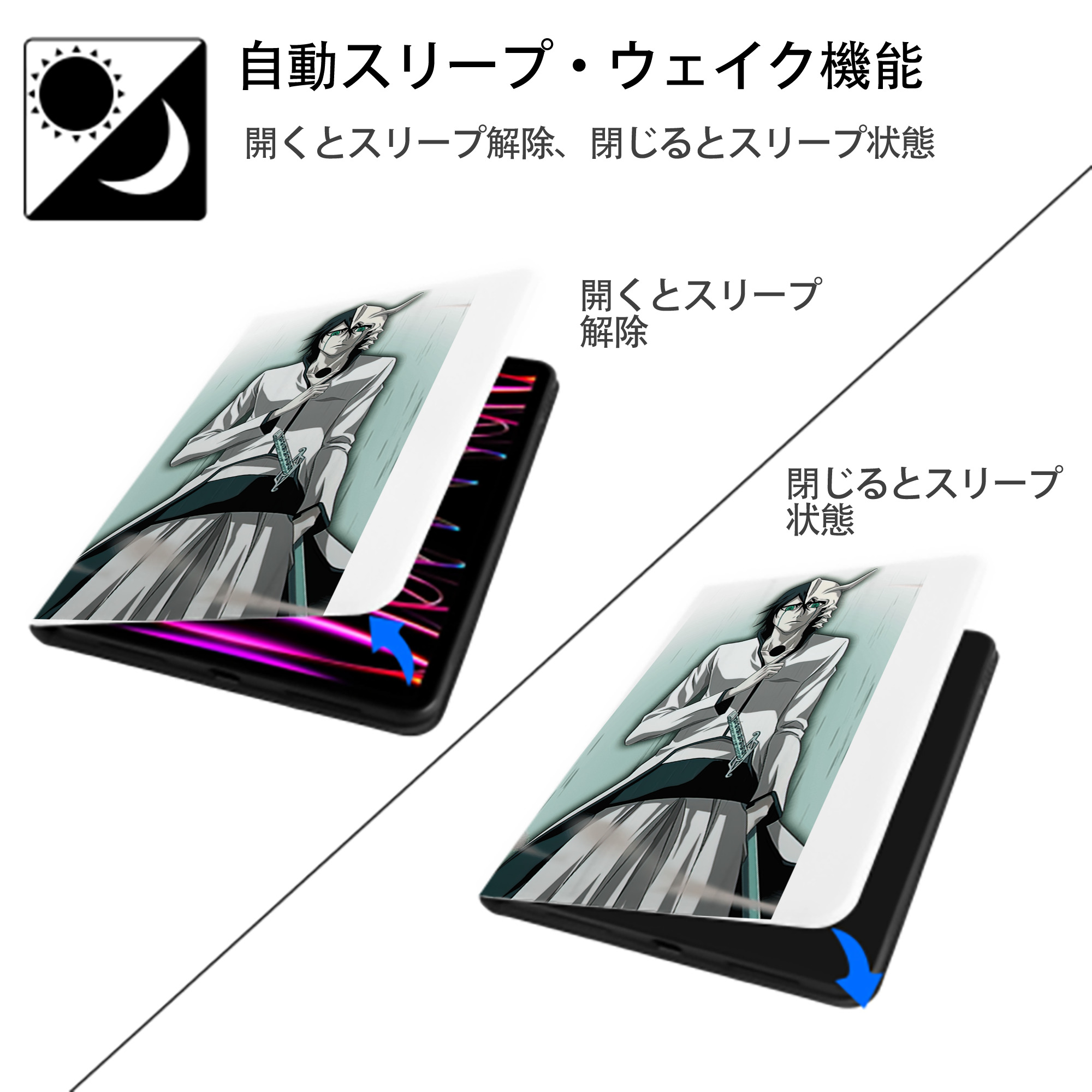ブリーチ ウルキオラ·シファー BLEACH Ulquiorra cifer IPad ケース ペン収納付き 三つ折りスタンド PUレザー×シリコン 対応機種9.5/10.5/10.9インチ