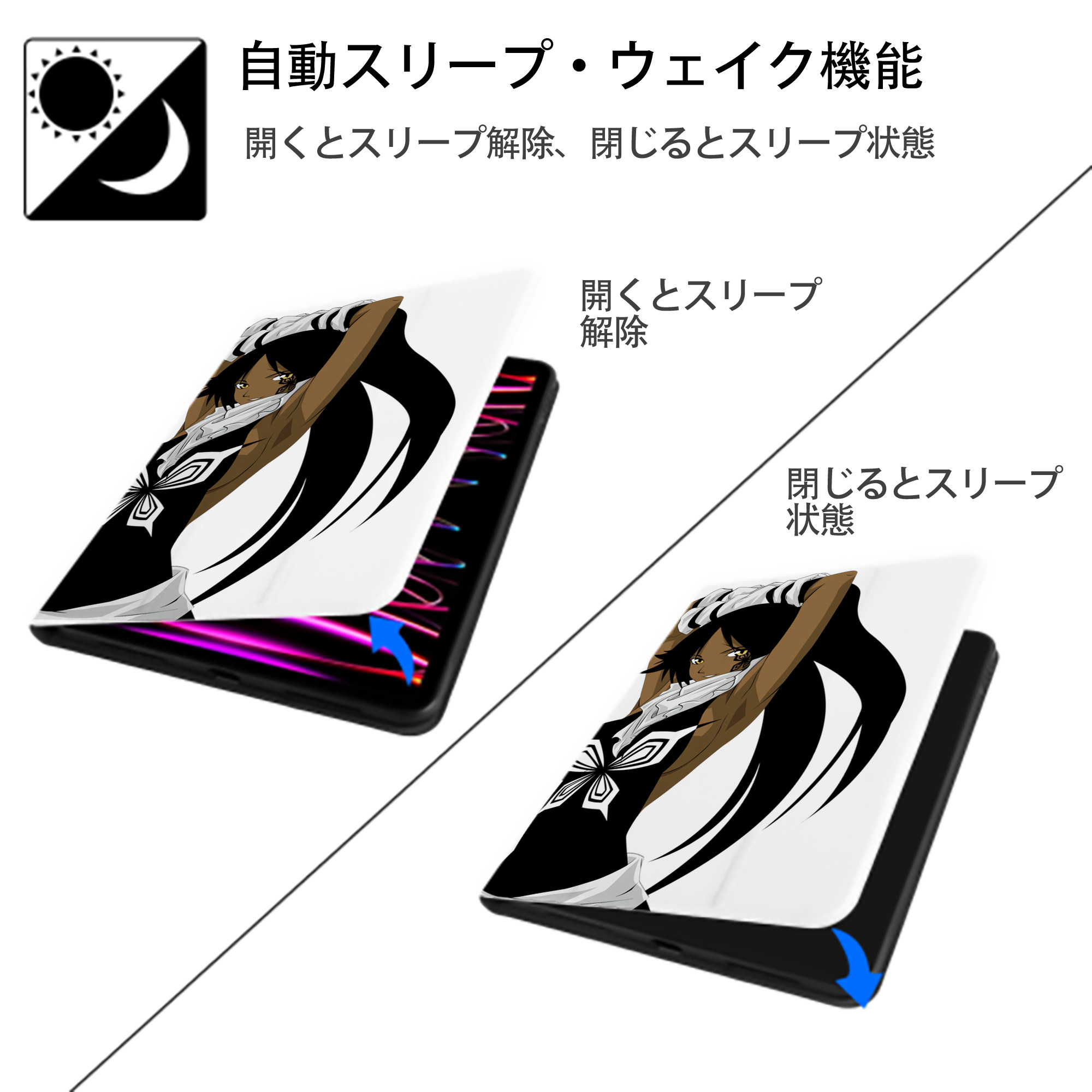 ブリーチ 四楓院 夜一（しほういん よるいち） BLEACH Shihouin Yoruichi IPad ケース ペン収納付き 三つ折りスタンド PUレザー×シリコン 対応機種9.5/10.5/10.9インチ