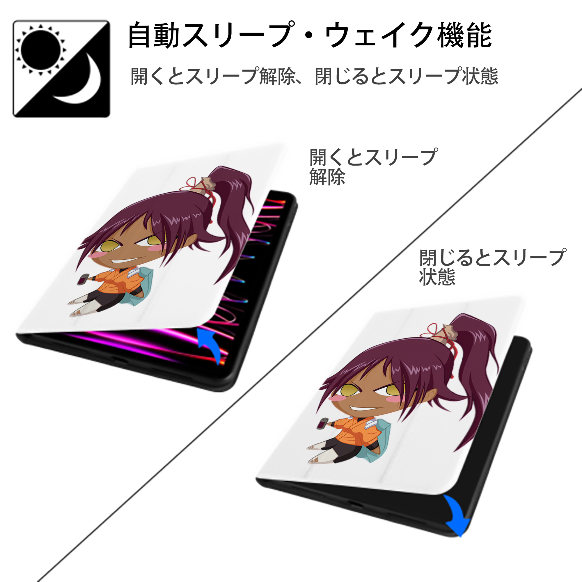 ブリーチ 四楓院 夜一（しほういん よるいち） BLEACH Shihouin Yoruichi IPad ケース ペン収納付き 三つ折りスタンド PUレザー×シリコン 対応機種9.5/10.5/10.9インチ