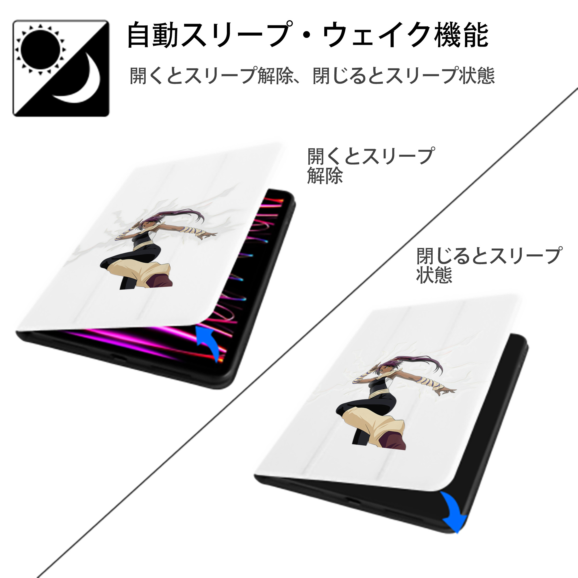 ブリーチ 四楓院 夜一（しほういん よるいち） BLEACH Shihouin Yoruichi IPad ケース ペン収納付き 三つ折りスタンド PUレザー×シリコン 対応機種9.5/10.5/10.9インチ