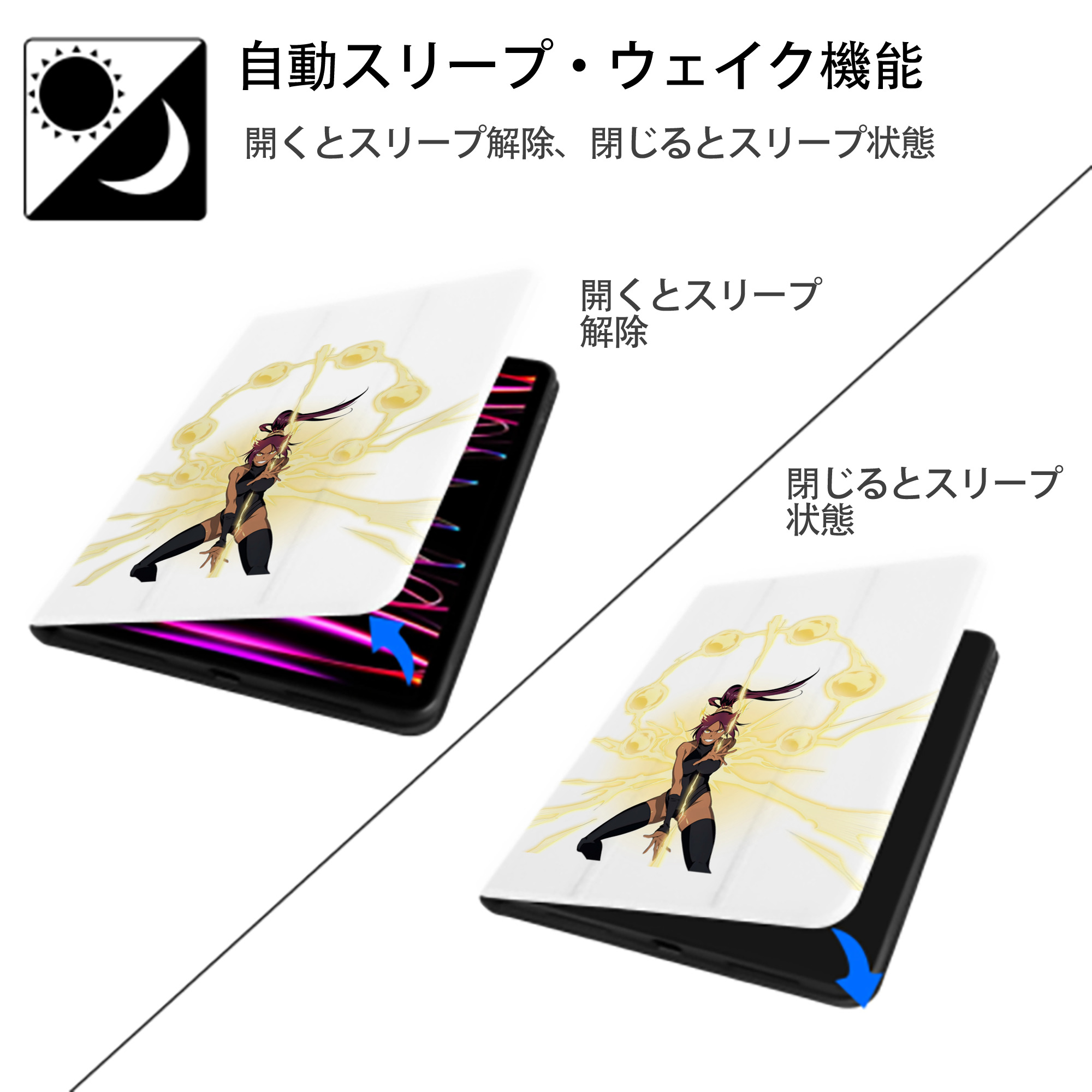 ブリーチ 四楓院 夜一（しほういん よるいち） BLEACH Shihouin Yoruichi IPad ケース ペン収納付き 三つ折りスタンド PUレザー×シリコン 対応機種9.5/10.5/10.9インチ