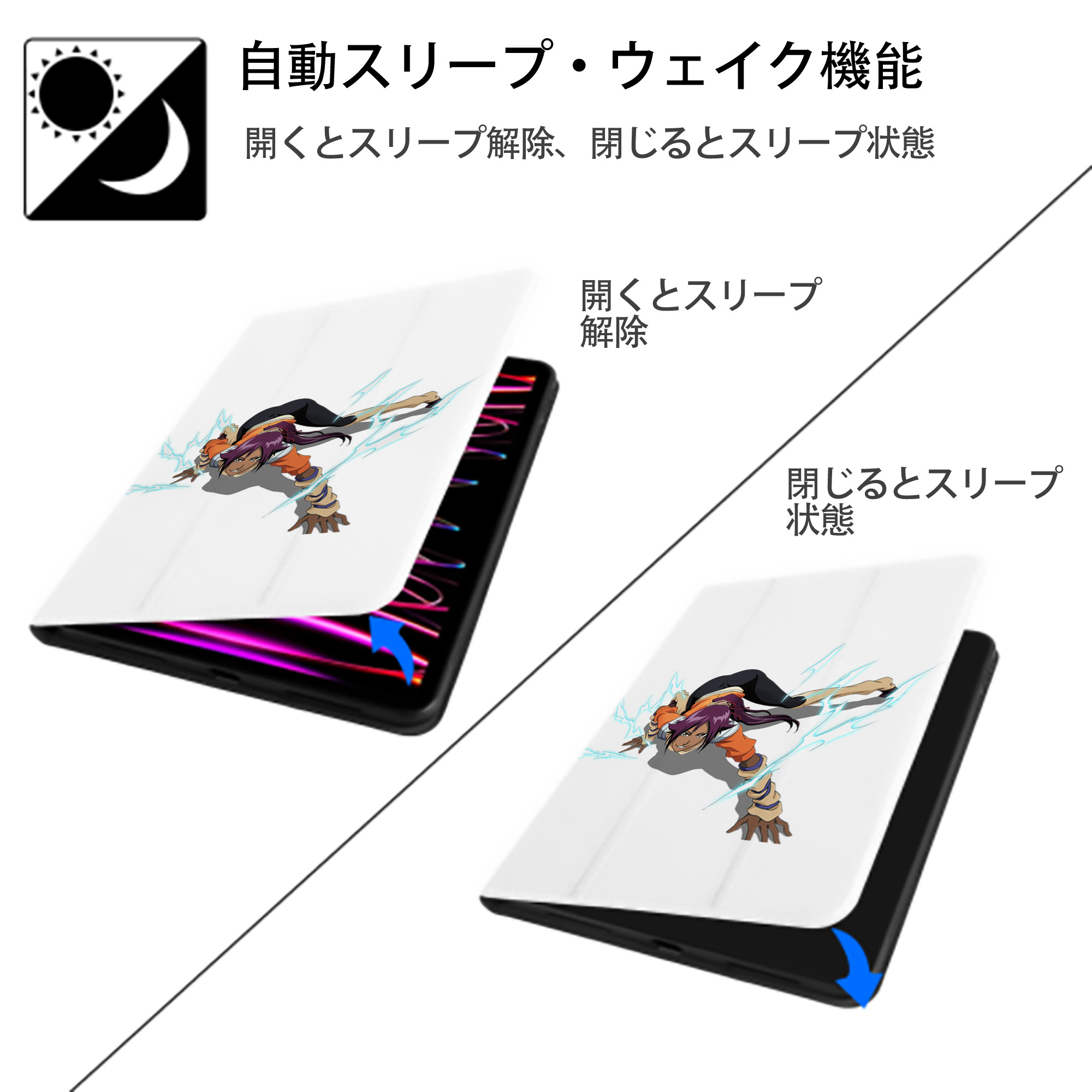ブリーチ 四楓院 夜一（しほういん よるいち） BLEACH Shihouin Yoruichi IPad ケース ペン収納付き 三つ折りスタンド PUレザー×シリコン 対応機種9.5/10.5/10.9インチ