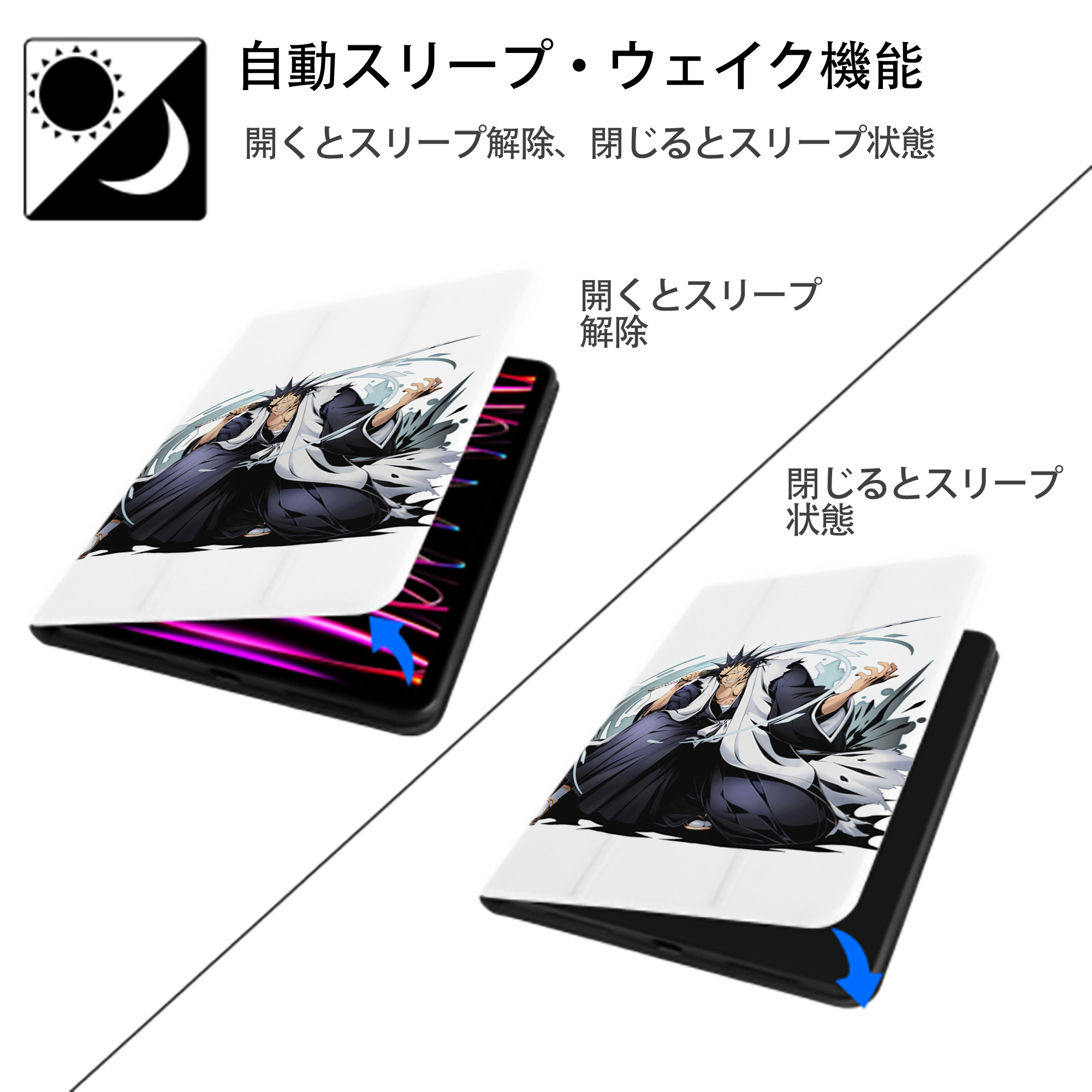 ブリーチ ざらき けんぱち BLEACH Zaraki Kenpachi IPad ケース ペン収納付き 三つ折りスタンド PUレザー×シリコン 対応機種9.5/10.5/10.9インチ