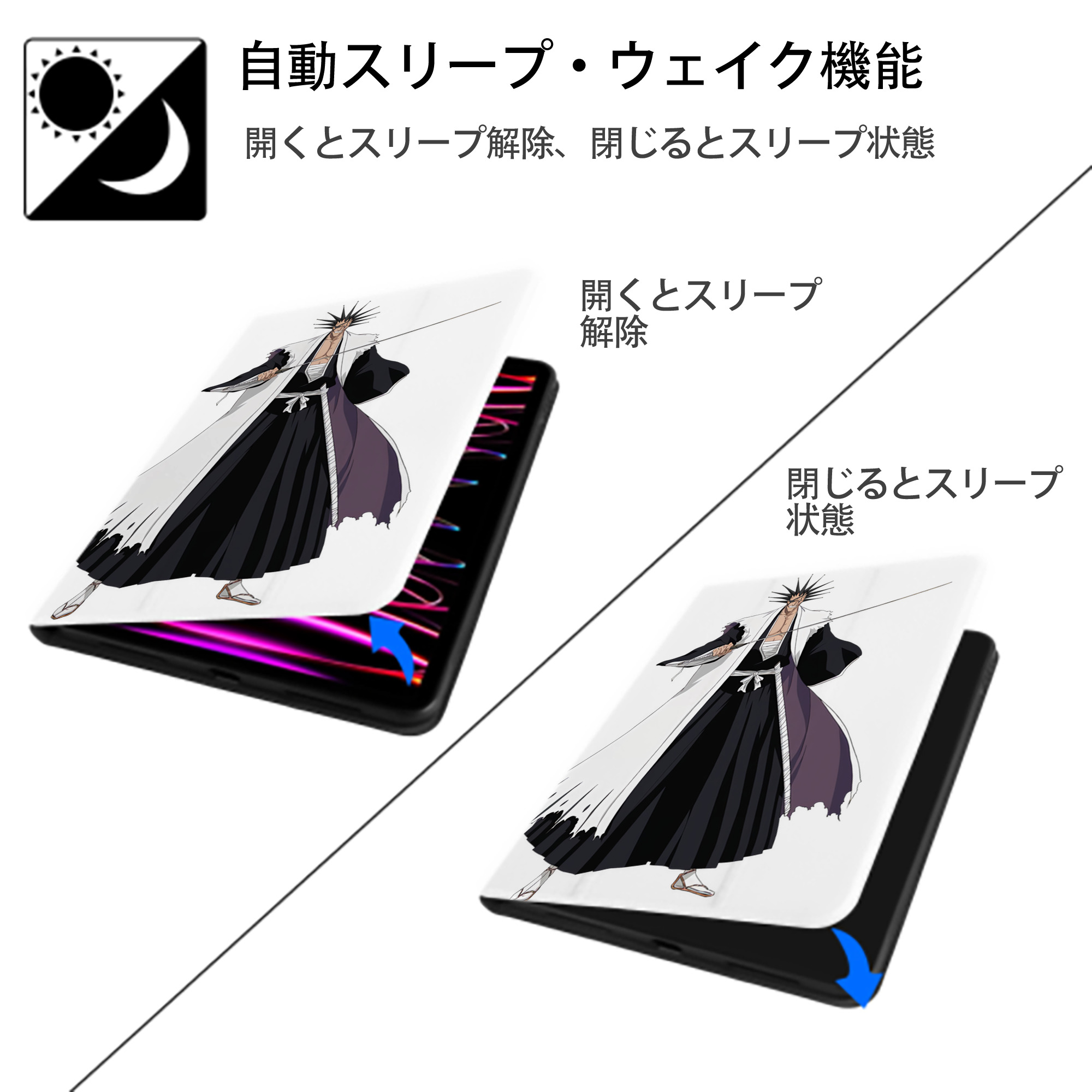 ブリーチ ざらき けんぱち BLEACH Zaraki Kenpachi IPad ケース ペン収納付き 三つ折りスタンド PUレザー×シリコン 対応機種9.5/10.5/10.9インチ