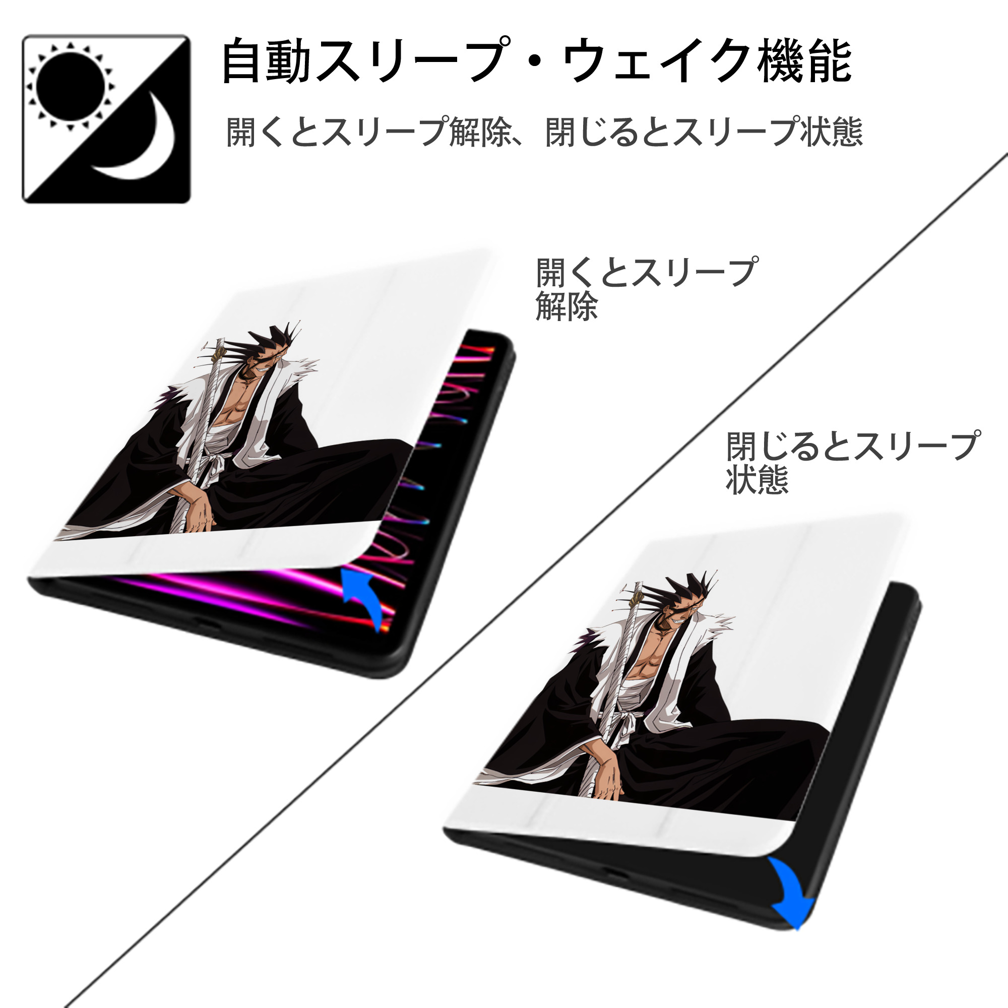 ブリーチ ざらき けんぱち BLEACH Zaraki Kenpachi IPad ケース ペン収納付き 三つ折りスタンド PUレザー×シリコン 対応機種9.5/10.5/10.9インチ