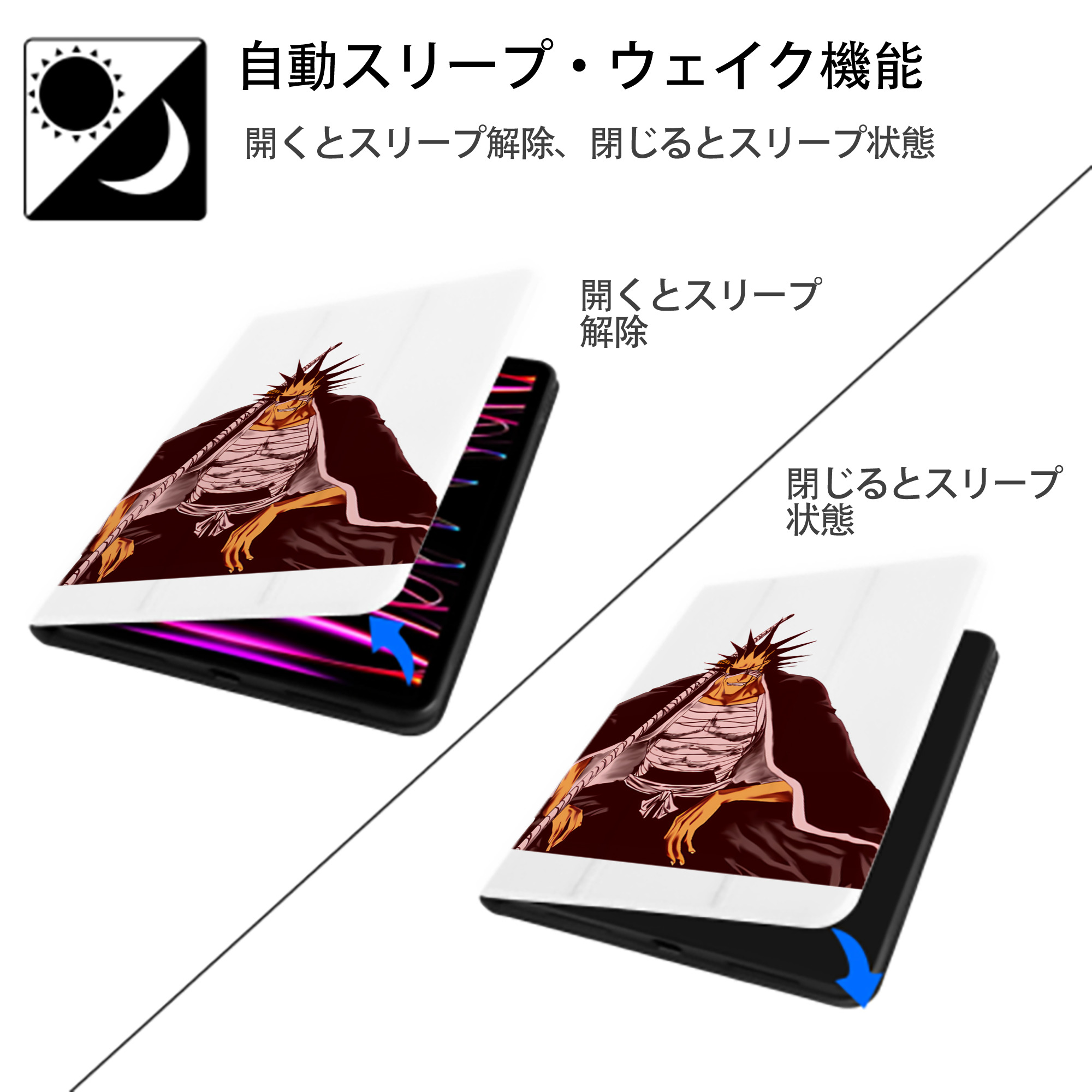 ブリーチ ざらき けんぱち BLEACH Zaraki Kenpachi IPad ケース ペン収納付き 三つ折りスタンド PUレザー×シリコン 対応機種9.5/10.5/10.9インチ