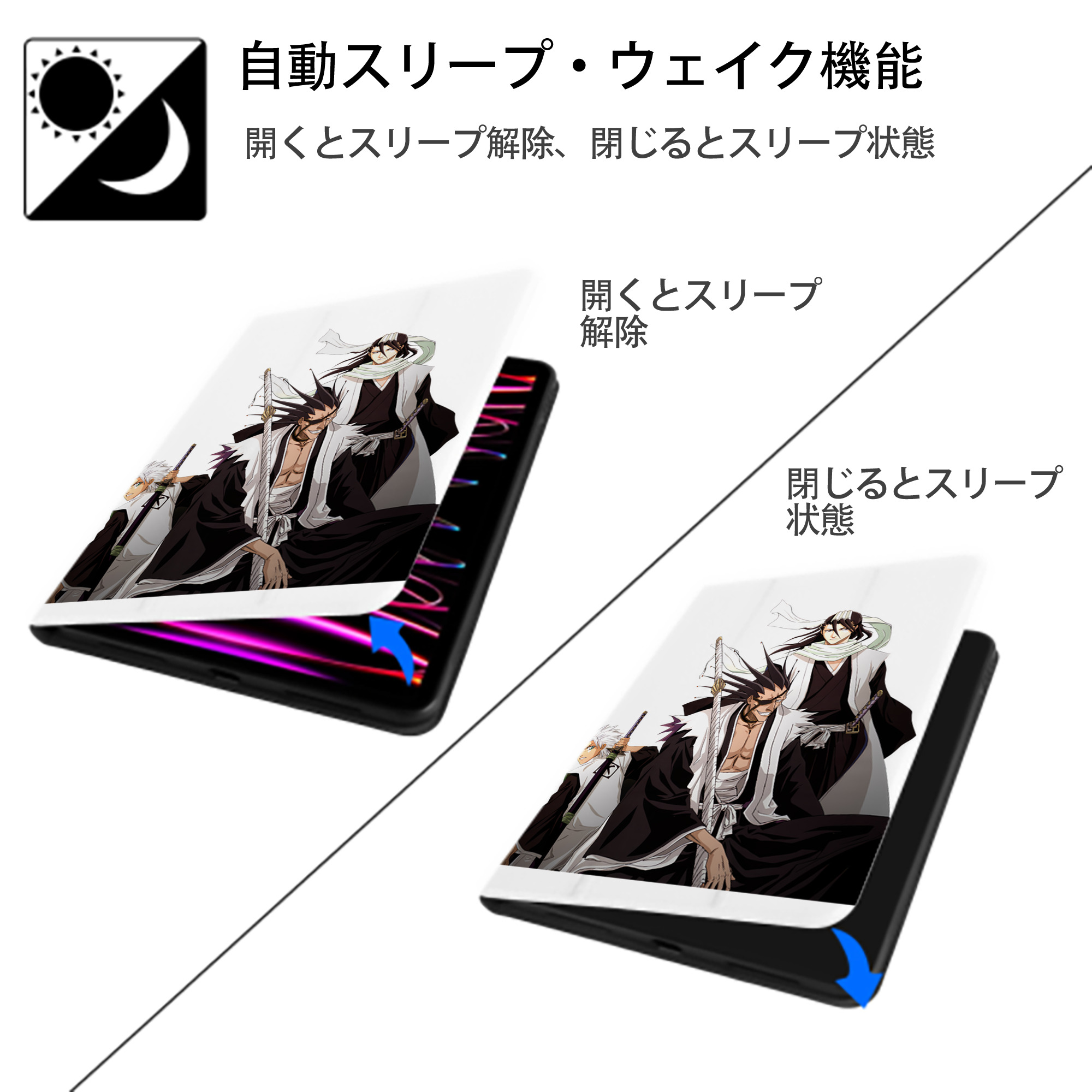 ブリーチ ざらき けんぱち BLEACH Zaraki Kenpachi IPad ケース ペン収納付き 三つ折りスタンド PUレザー×シリコン 対応機種9.5/10.5/10.9インチ