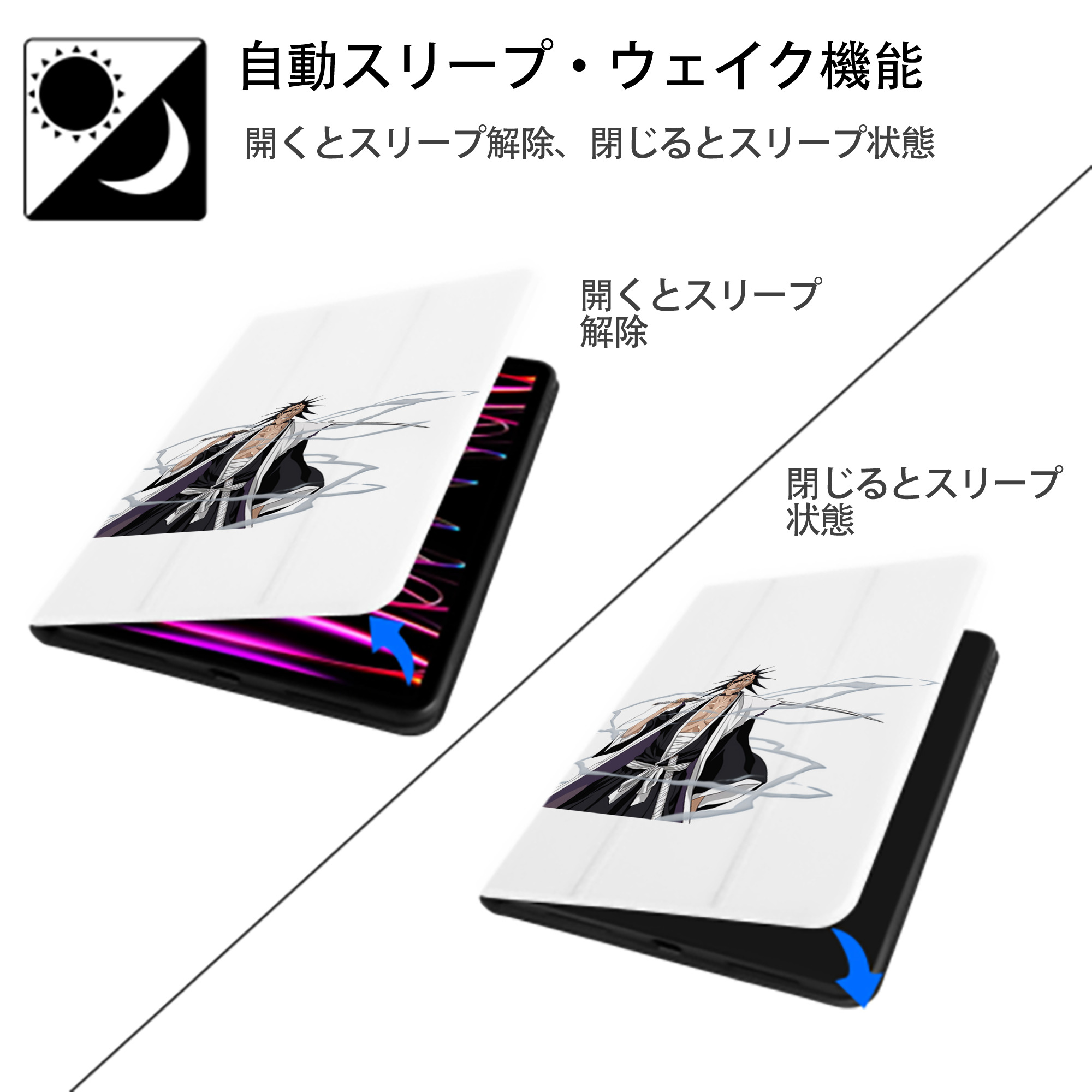 ブリーチ ざらき けんぱち BLEACH Zaraki Kenpachi IPad ケース ペン収納付き 三つ折りスタンド PUレザー×シリコン 対応機種9.5/10.5/10.9インチ