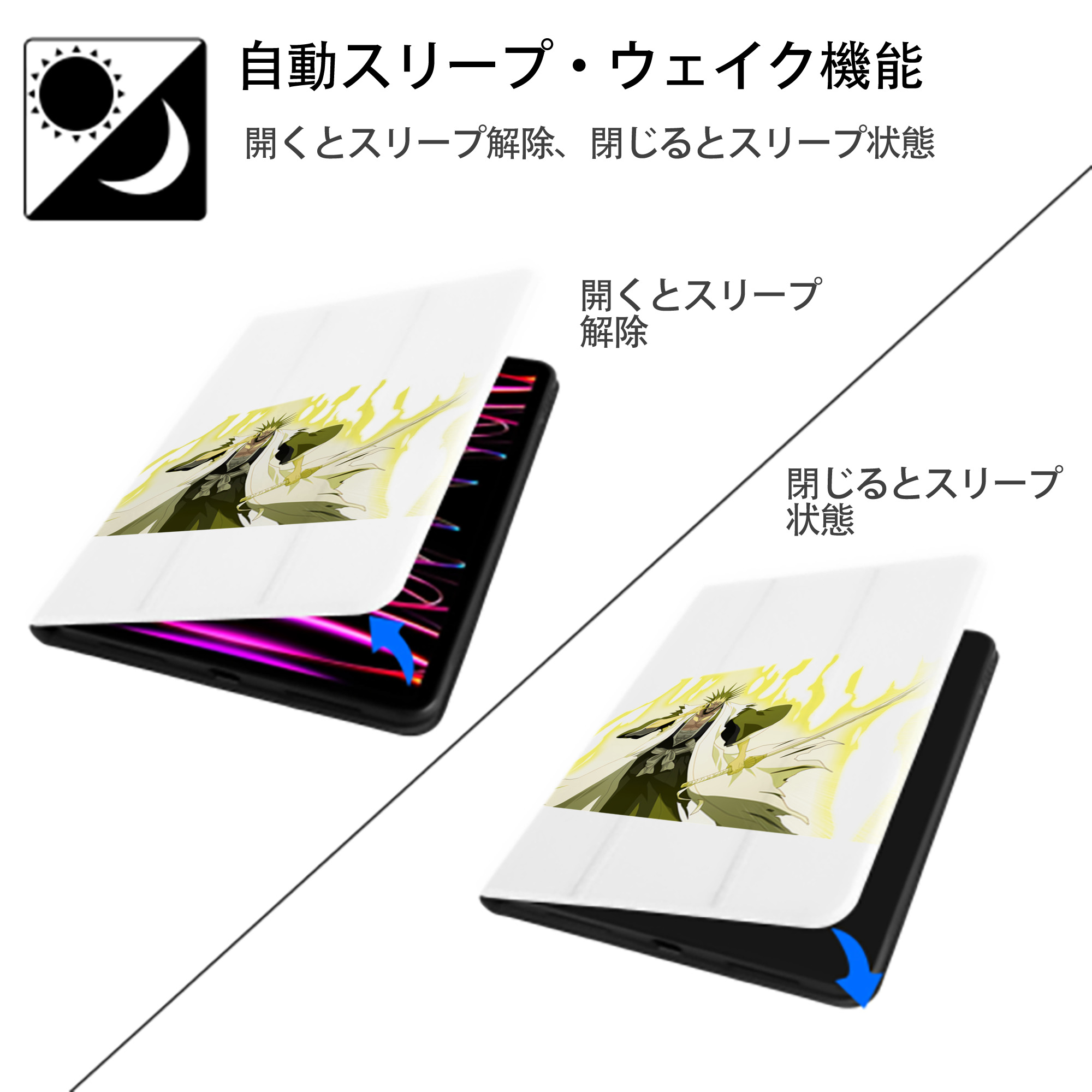 ブリーチ ざらき けんぱち BLEACH Zaraki Kenpachi IPad ケース ペン収納付き 三つ折りスタンド PUレザー×シリコン 対応機種9.5/10.5/10.9インチ