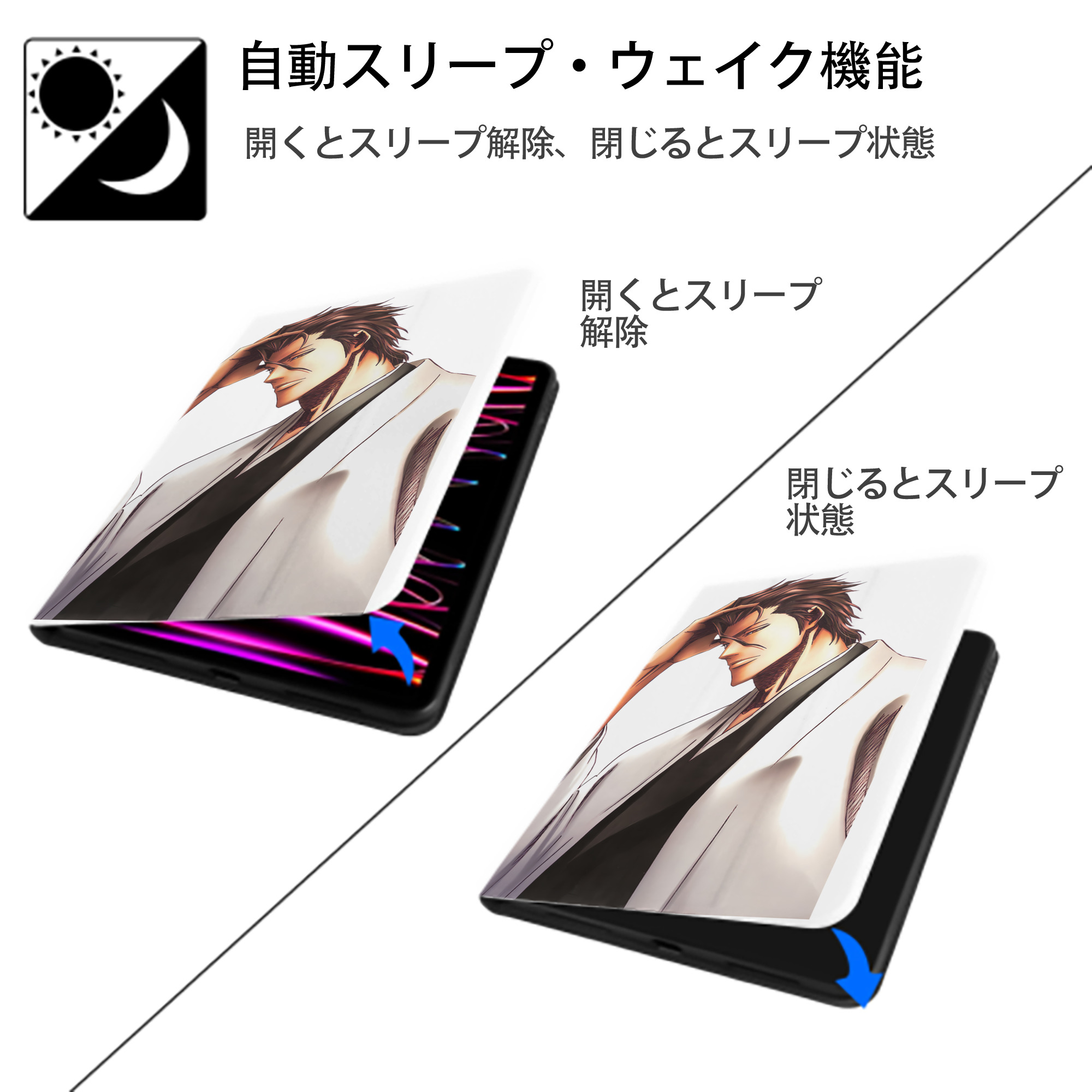 ブリーチ 藍染 惣右介（あいぜん そうすけ） BLEACH Aizen Sousuke IPad ケース ペン収納付き 三つ折りスタンド PUレザー×シリコン 対応機種9.5/10.5/10.9インチ