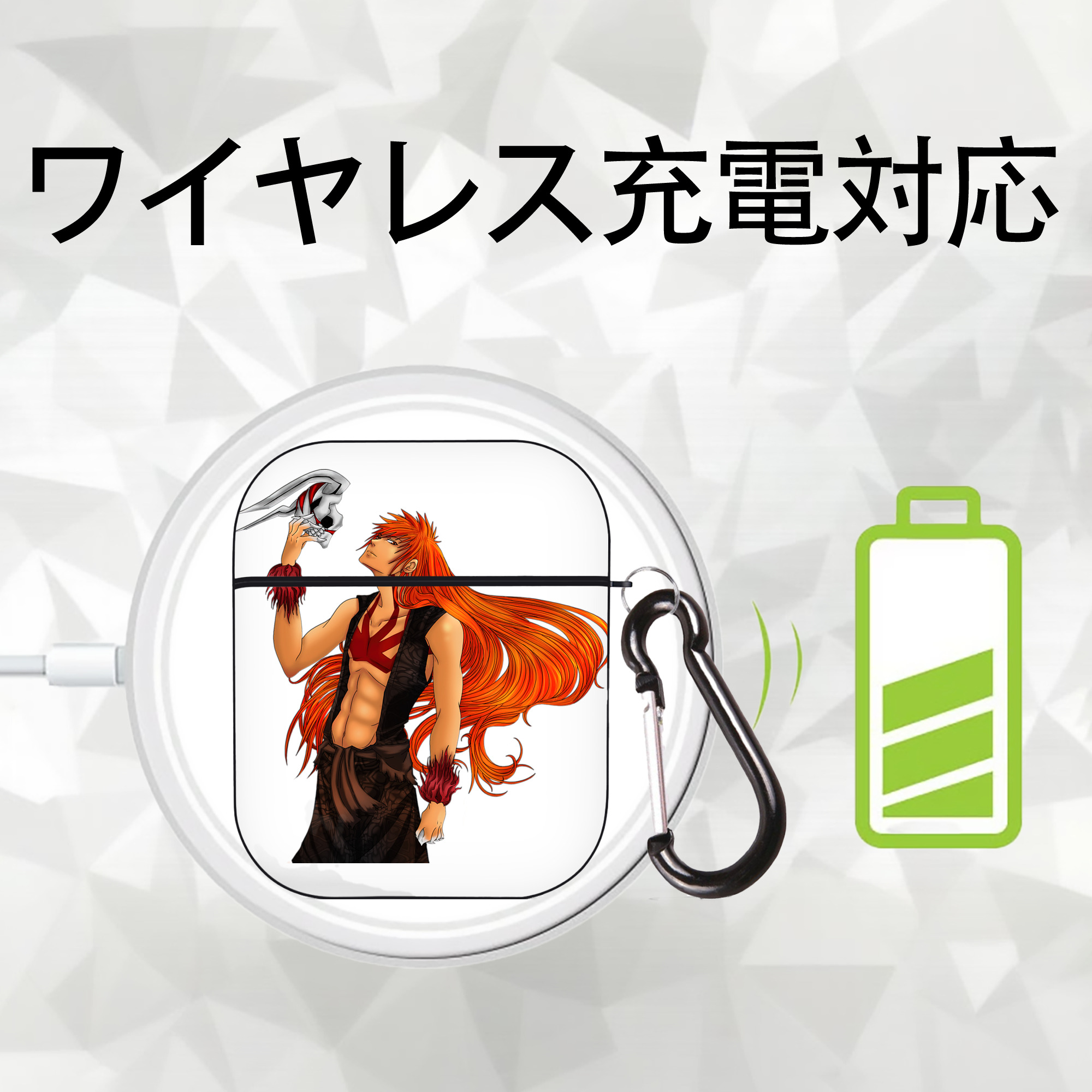 ブリーチ 黒崎一護（くろさき いちご）BLEACH Kurosaki Ichigo AirPods 第2世代保護ケース ハードシェル ブラック 耐衝撃・防指紋・カラビナ付き