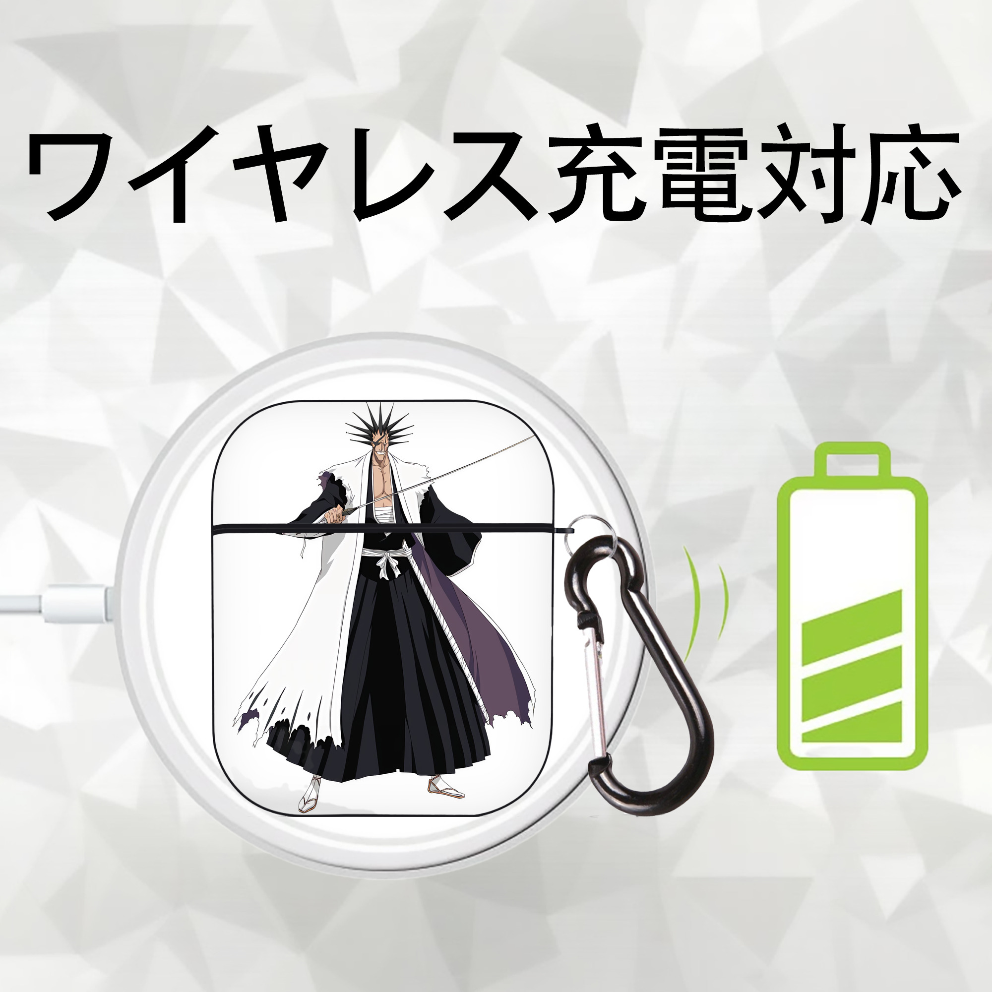 ブリーチ ざらき けんぱち BLEACH Zaraki Kenpachi AirPods 第2世代保護ケース ハードシェル ブラック 耐衝撃・防指紋・カラビナ付き